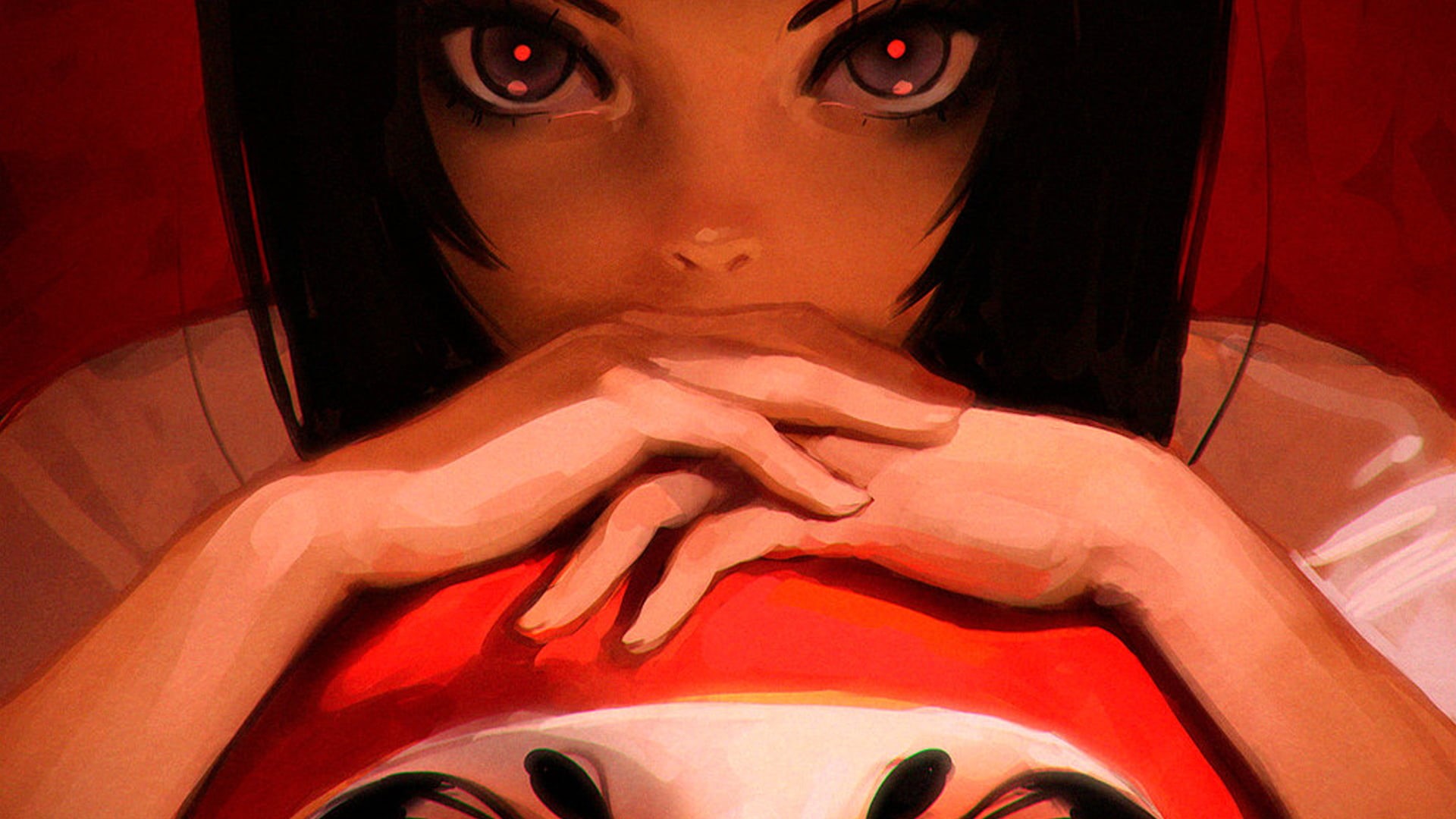 indoors, sculpture, fantasy art, women, headshot, Ilya Kuvshinov, musical instrument, 1080P, haired, human body part, adult, anime, black, red background, HD Wallpaper