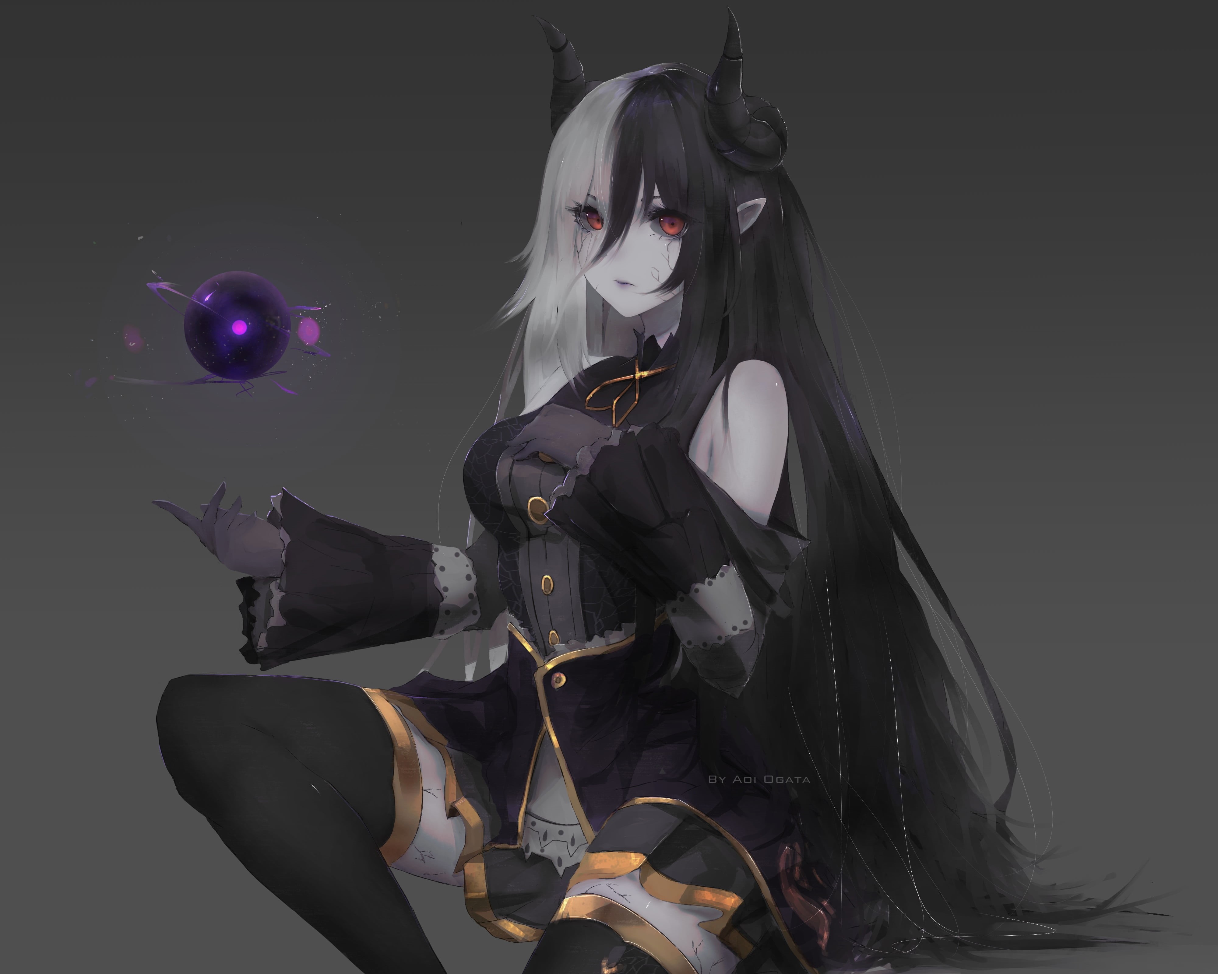 purple, leisure activity, mask - disguise, hair, horns, long hair, disguise, black background, black, dark, lifestyles, Aoi Ogata, hairstyle, female, obscured face, HD Wallpaper