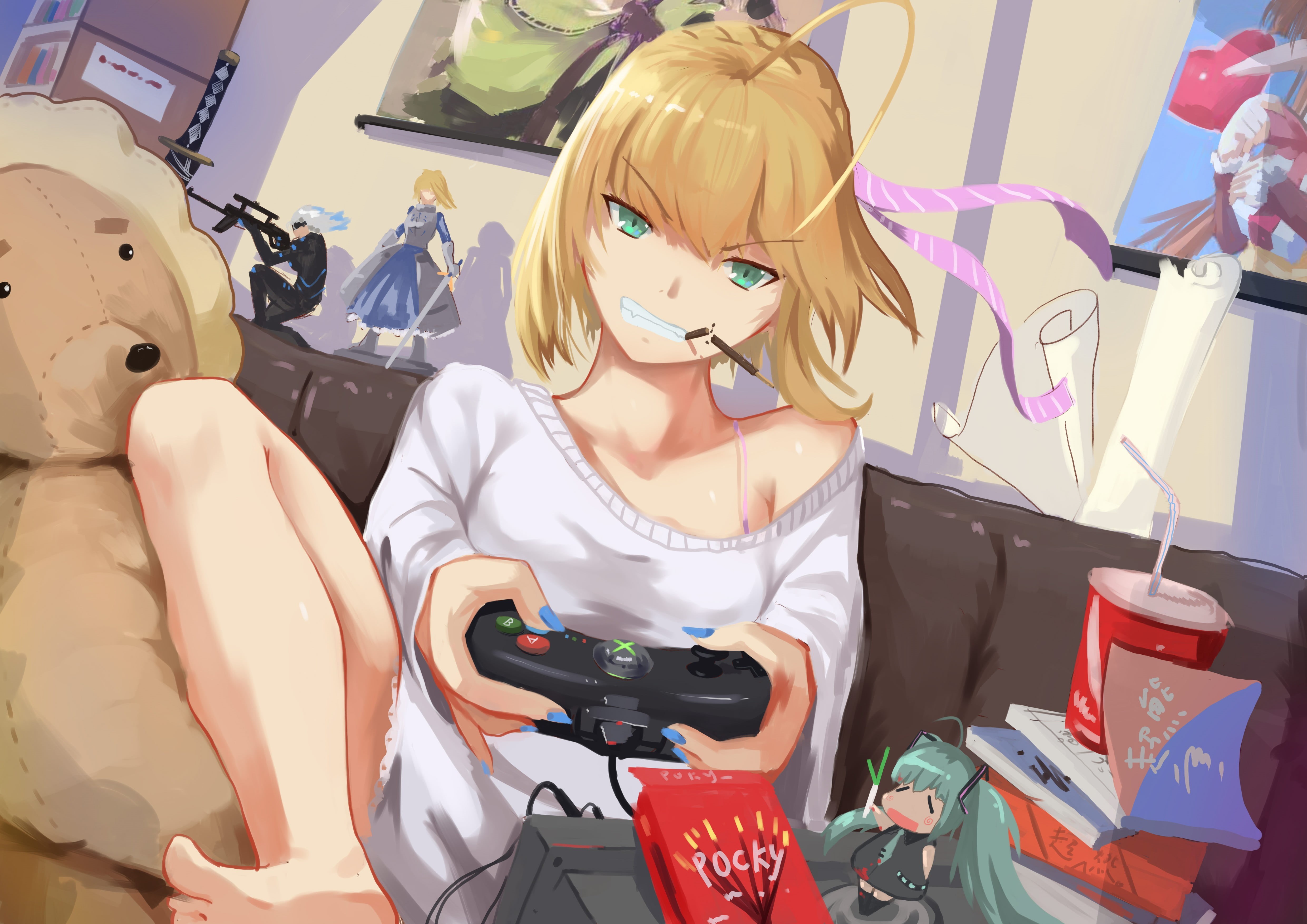Fate/Grand Order, character, blonde, Saber Lily, holding, portrait, one person, representation, looking at camera, Hatsune Miku, Pocky, people, vector, HD Wallpaper