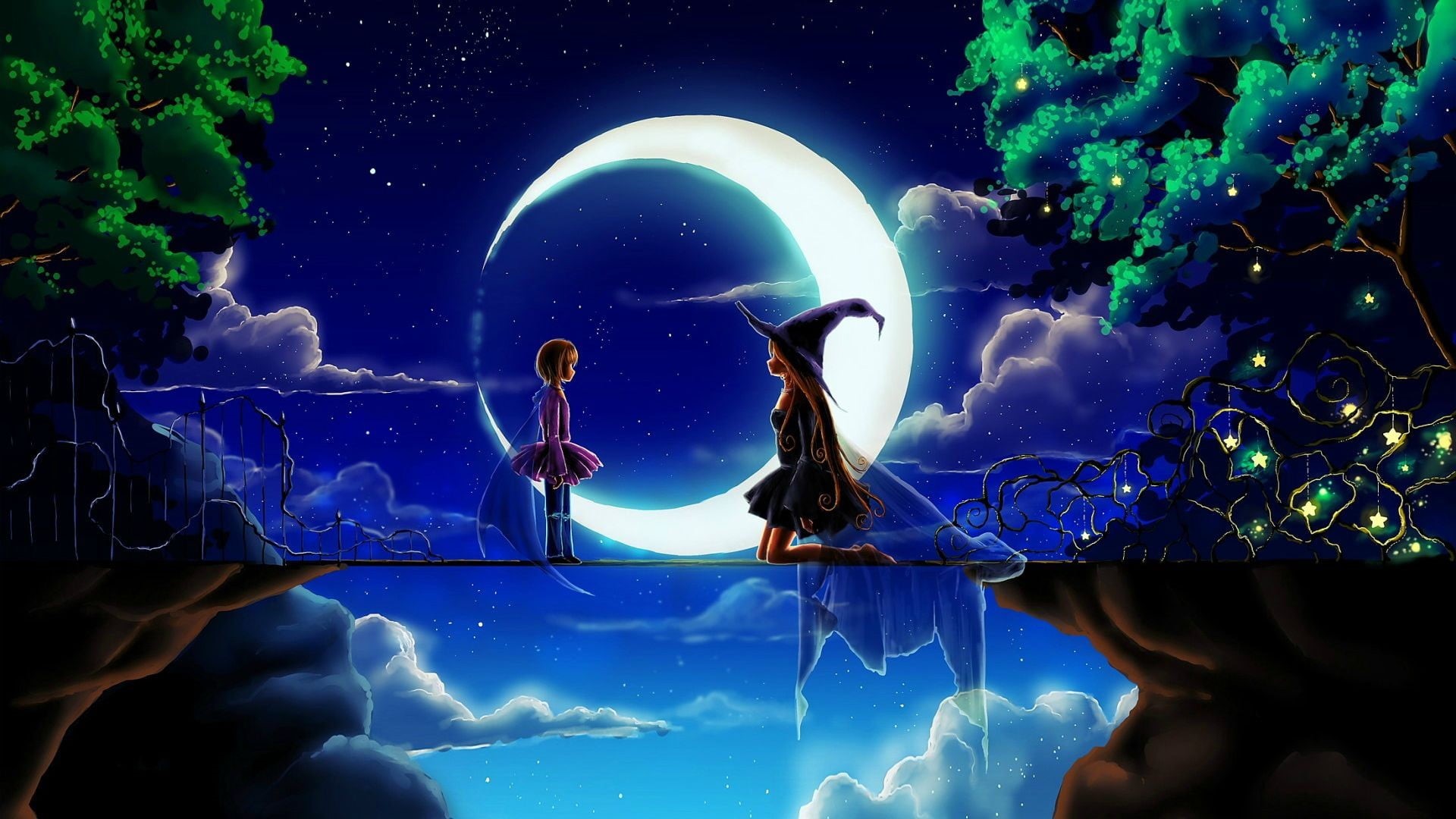anime girls, digital, tree, girl, people, blue, stars, reflection, nature, aquarium, plant, digital composite, lifestyles, group of people, women, HD Wallpaper