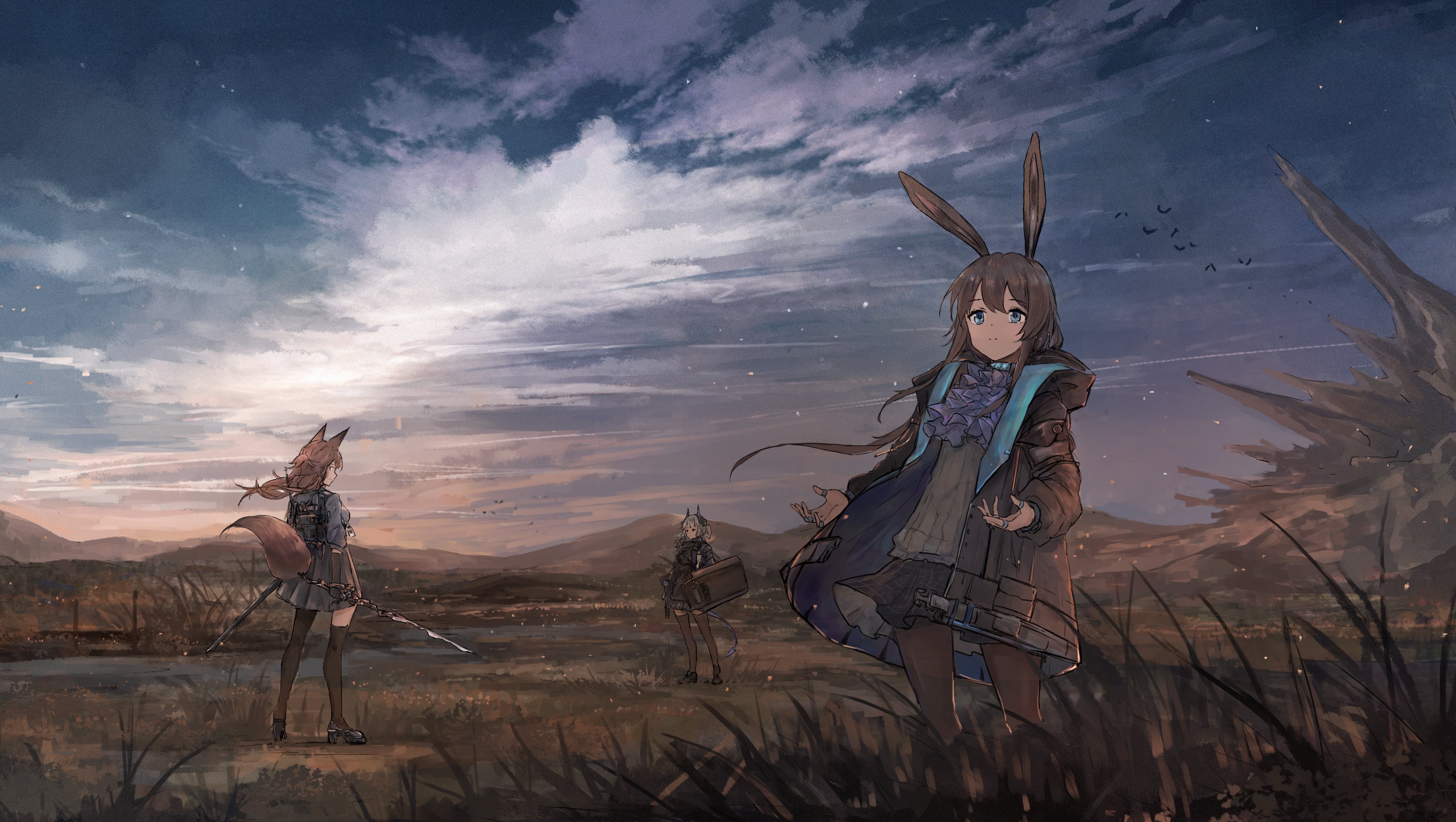 skirt, artwork, blue eyes, animal ears, neko ears, anime, brunette, short hair, bunny ears, 4K, sky, sword, long hair, digital art, Arknights, shield, HD Wallpaper