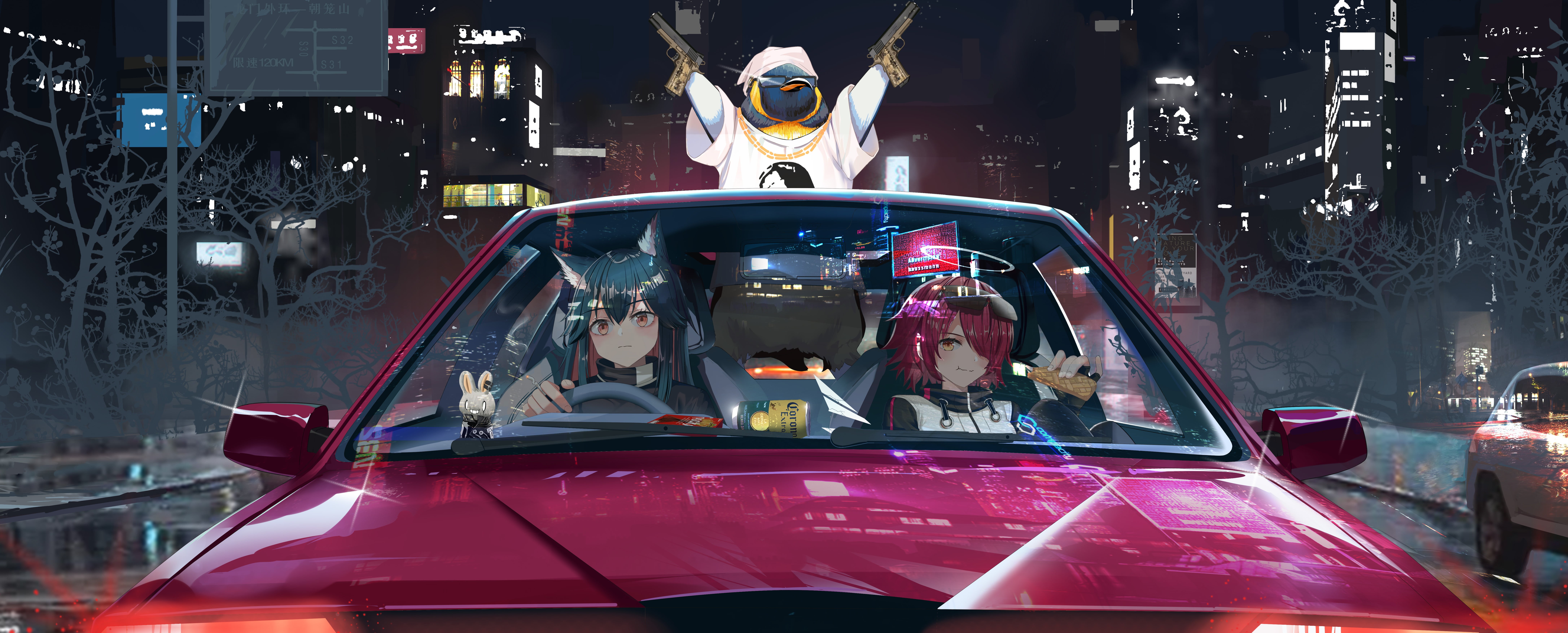 8K, gun, car, reflection, city, glasses, anime, food, weapon, night, animal ears, Arknights, Texas (Arknights), Penguin, red cars, Exusiai (Arknights), HD Wallpaper