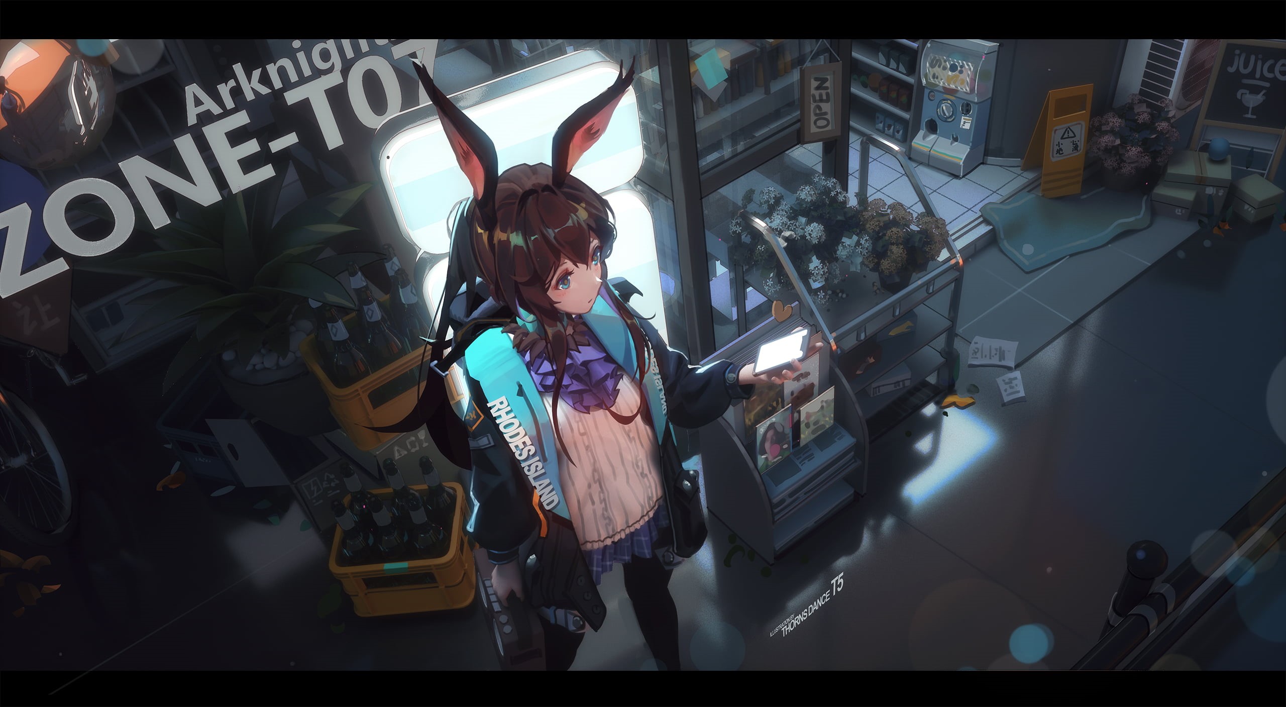3D Animation, anime, stores, artwork, fantasy girl, digital art, animal ears, long hair, video games, T5, CGI, top view, 3D, brunette, 2K, fan art, Arknights, HD Wallpaper
