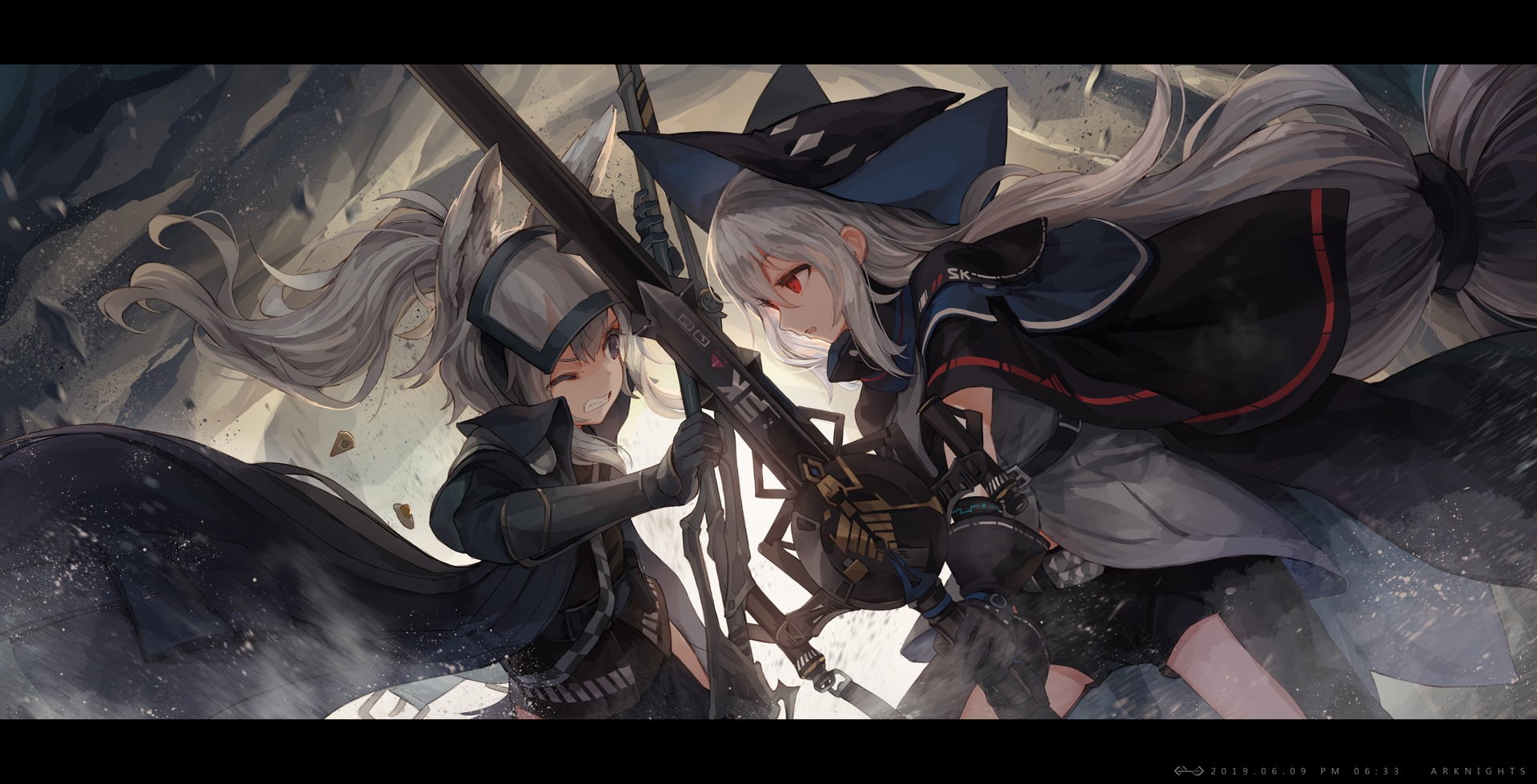open mouth, anime, blue eyes, red eyes, white hair, long hair, ponytail, anime girls, 1080P, gray hair, digital art, neko ears, portrait, Arknights, sword, HD Wallpaper