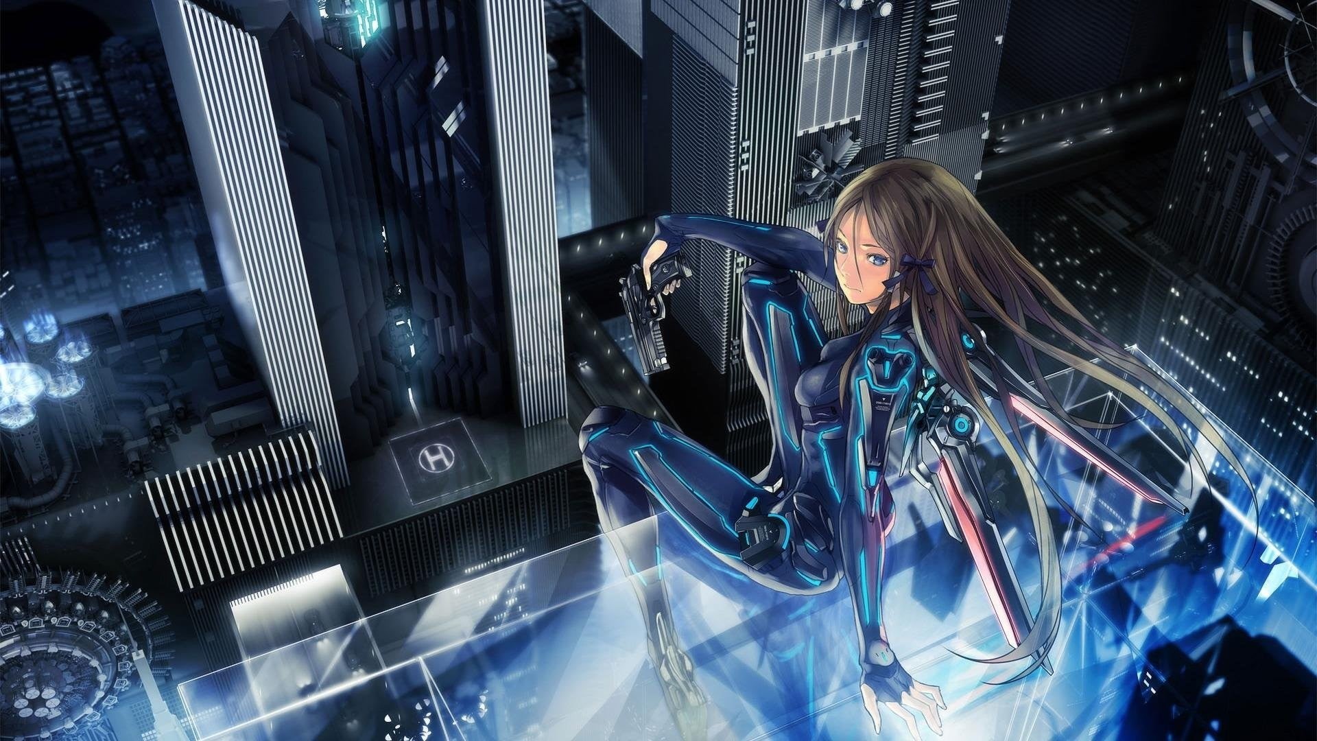 city, women, network Server, equipment, people, illustration, brown, connection, futuristic, brunette, communication, hair ornament, manga, females, using computer, HD Wallpaper