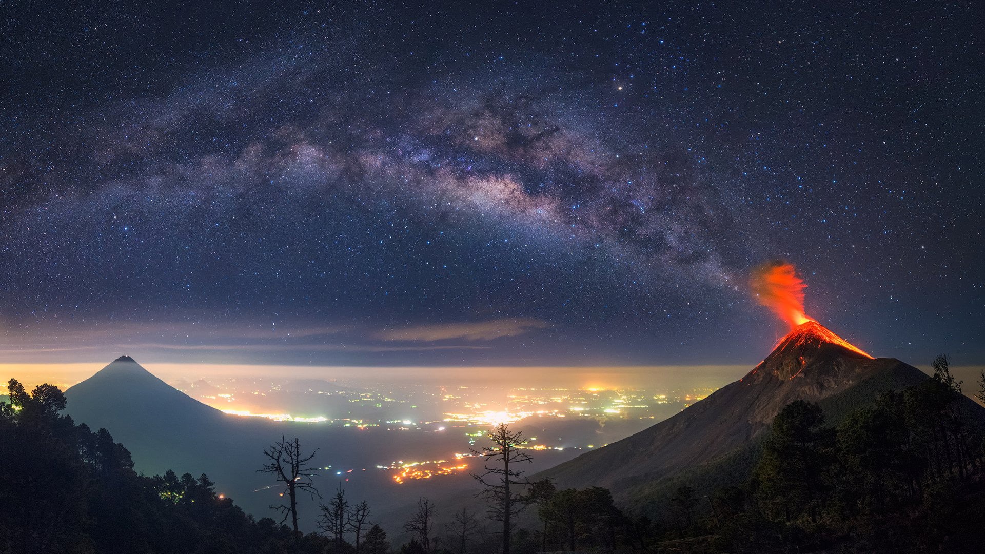 beauty In Nature, horizon, starry night, science, mountain, snow, mountains, landscape, volcano, trees, scenics - nature, star - Space, Milky Way, space and astronomy, HD Wallpaper