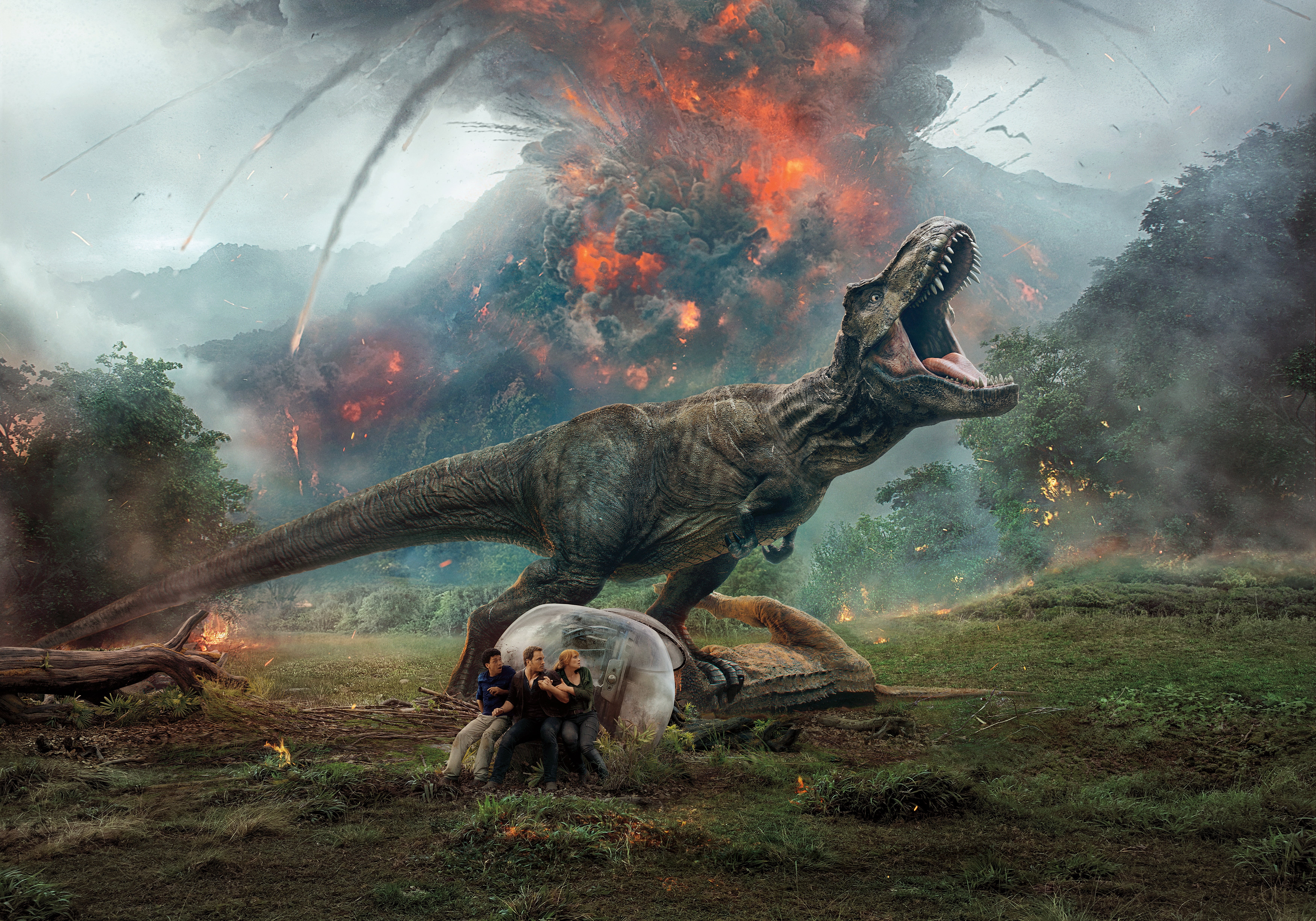 Trees, Eruption, Toby Jones, Jurassic World: Fallen Kingdom, Tyrannosauruses, Movie, Jeff Goldblum, Owen, claire dearing, mammal, Jurassic, aggression, HD Wallpaper