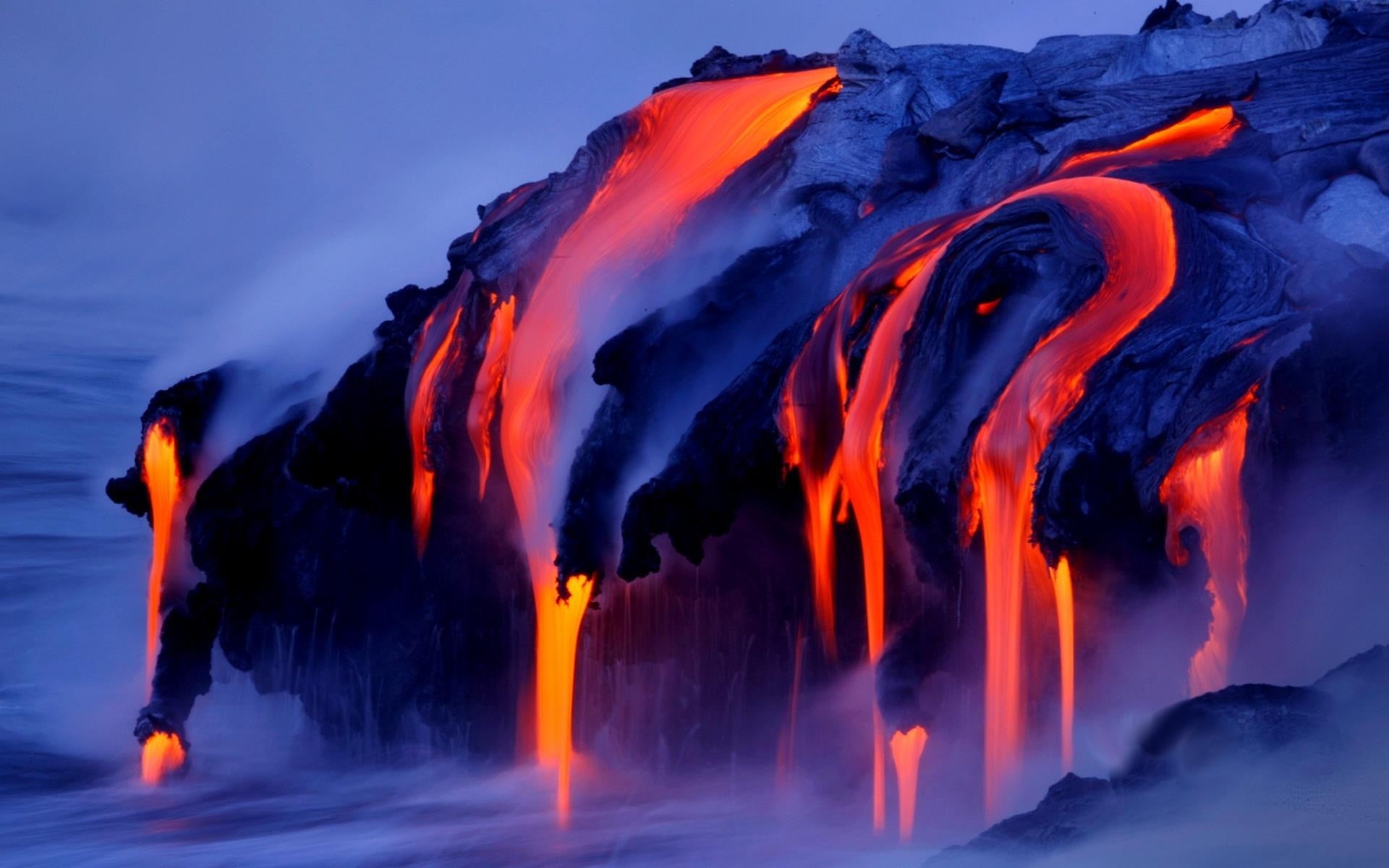 volcanic eruption, 1080P, scenics - nature, power in nature, sea, glowing, lava, erupting, beauty in nature, mountain, geology, communication, long exposure, HD Wallpaper