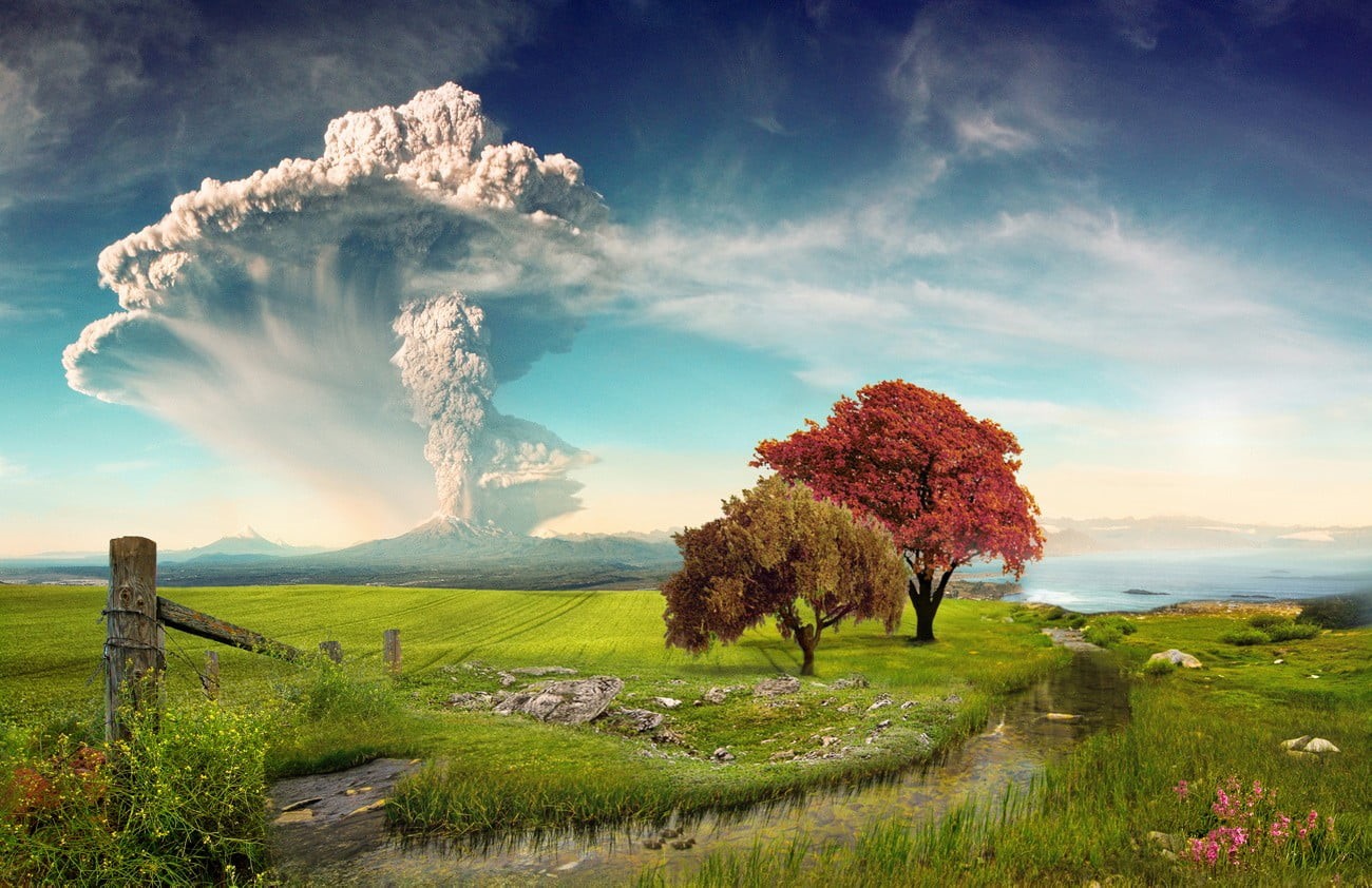 beauty in nature, non-urban scene, idyllic, tranquility, Calbuco Volcano, trees, tranquil scene, tree, 720P, grass, environment, creeks, eruption, HD Wallpaper