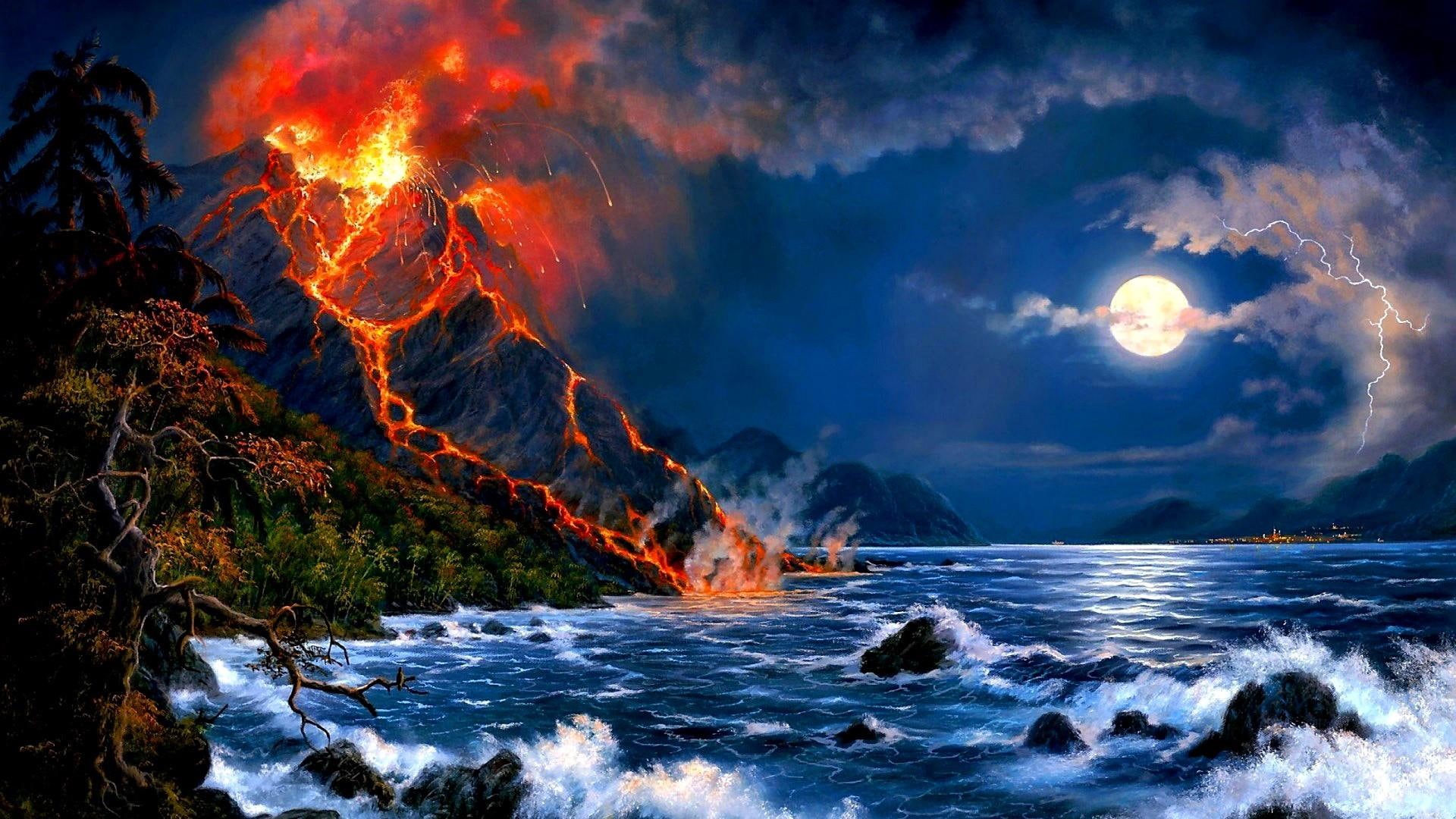 sea, 1080P, eruption, mountain, fantasy, volcano, eruption of volcano, full moon, HD Wallpaper