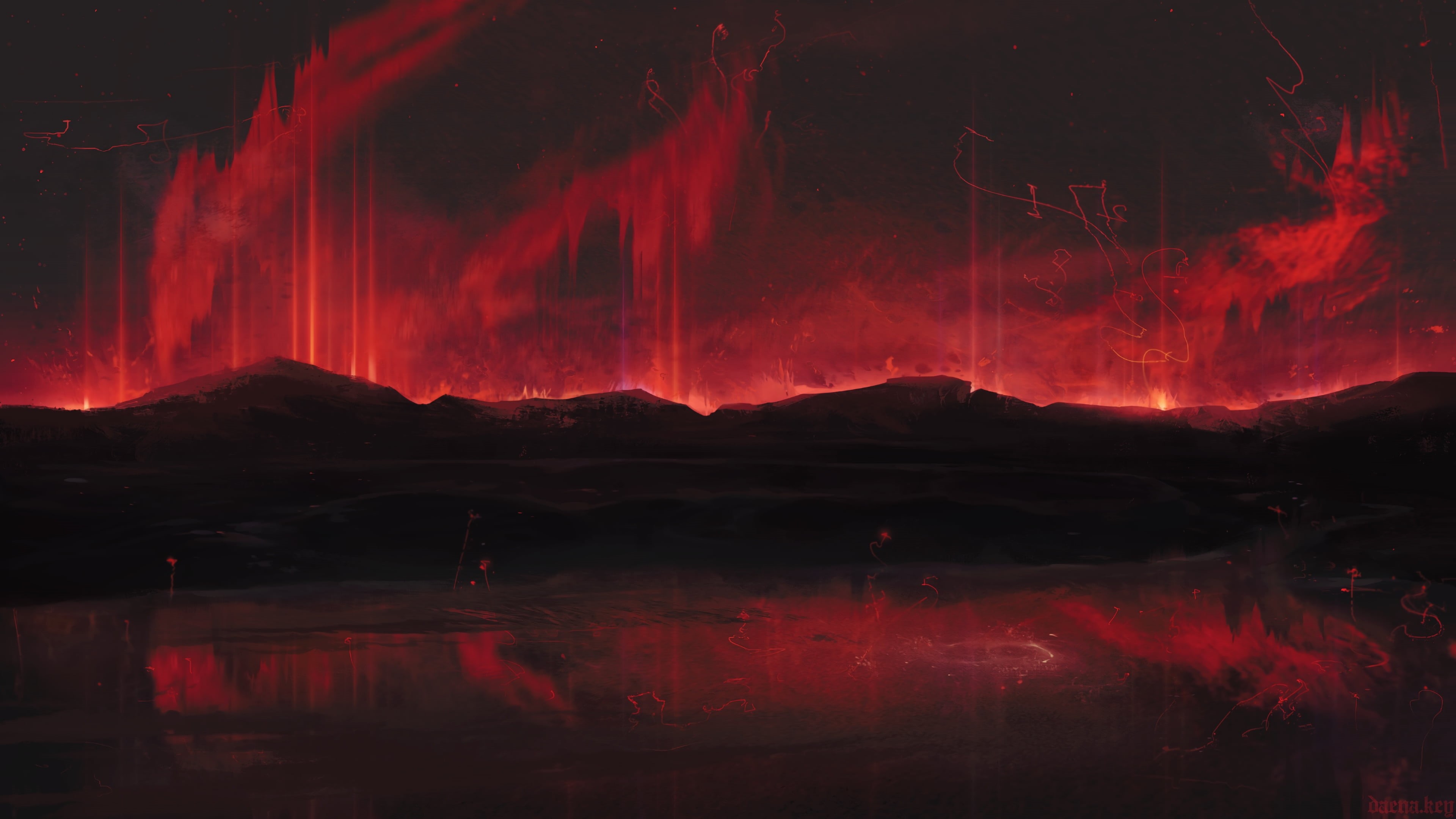 spots, red, beauty in nature, geology, non-urban scene, art, water, volcano, reflection, night, mountain, lava, power, scenics - nature, volcanic crater, HD Wallpaper