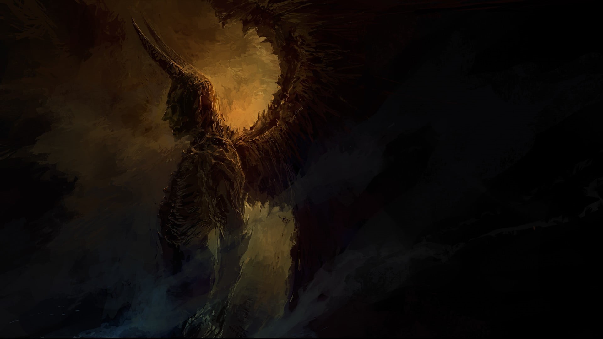 wings, digital, geology, illuminated, 1080P, horn, nature, scenics - nature, rock, beauty in nature, solid, creature, mountain, Devil, man, dark, sky, HD Wallpaper