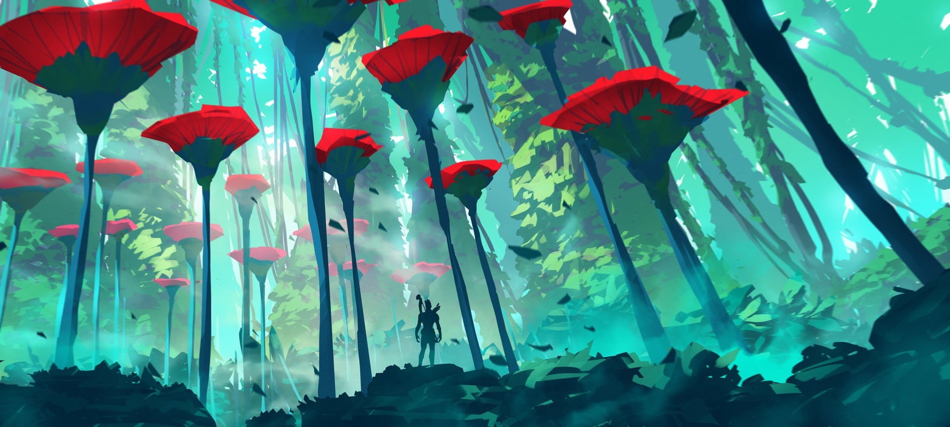 leaf, day, creativity, no people, red, arts culture and entertainment, animal representation, digital, artwork, field, outdoors, plant, flower, video games, HD Wallpaper
