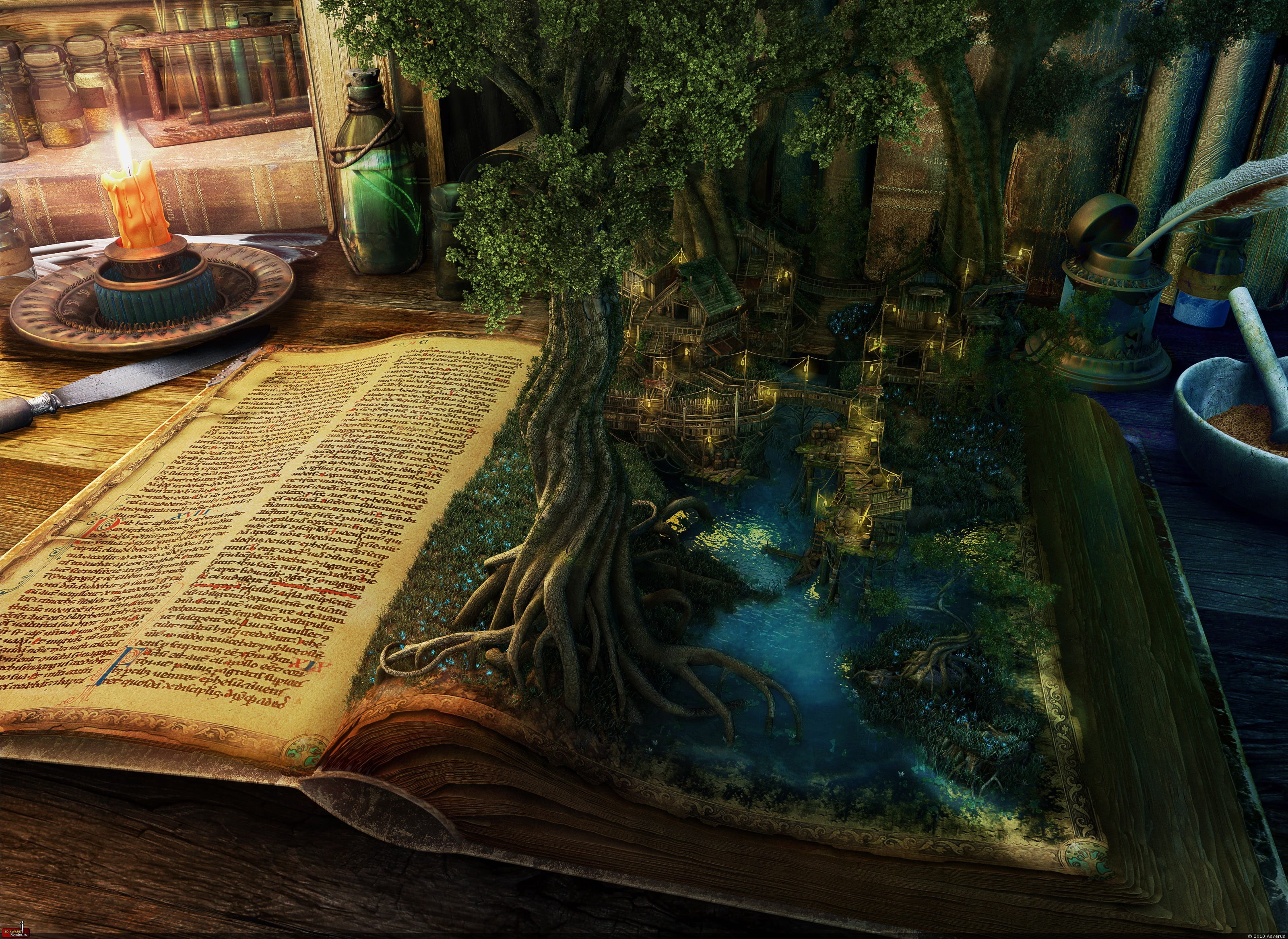 plant, water, digital art, tranquility, transparent, art and craft, nature, 2K, high angle view, architecture, trees, artwork, book, swimming pool, Spec Art, HD Wallpaper