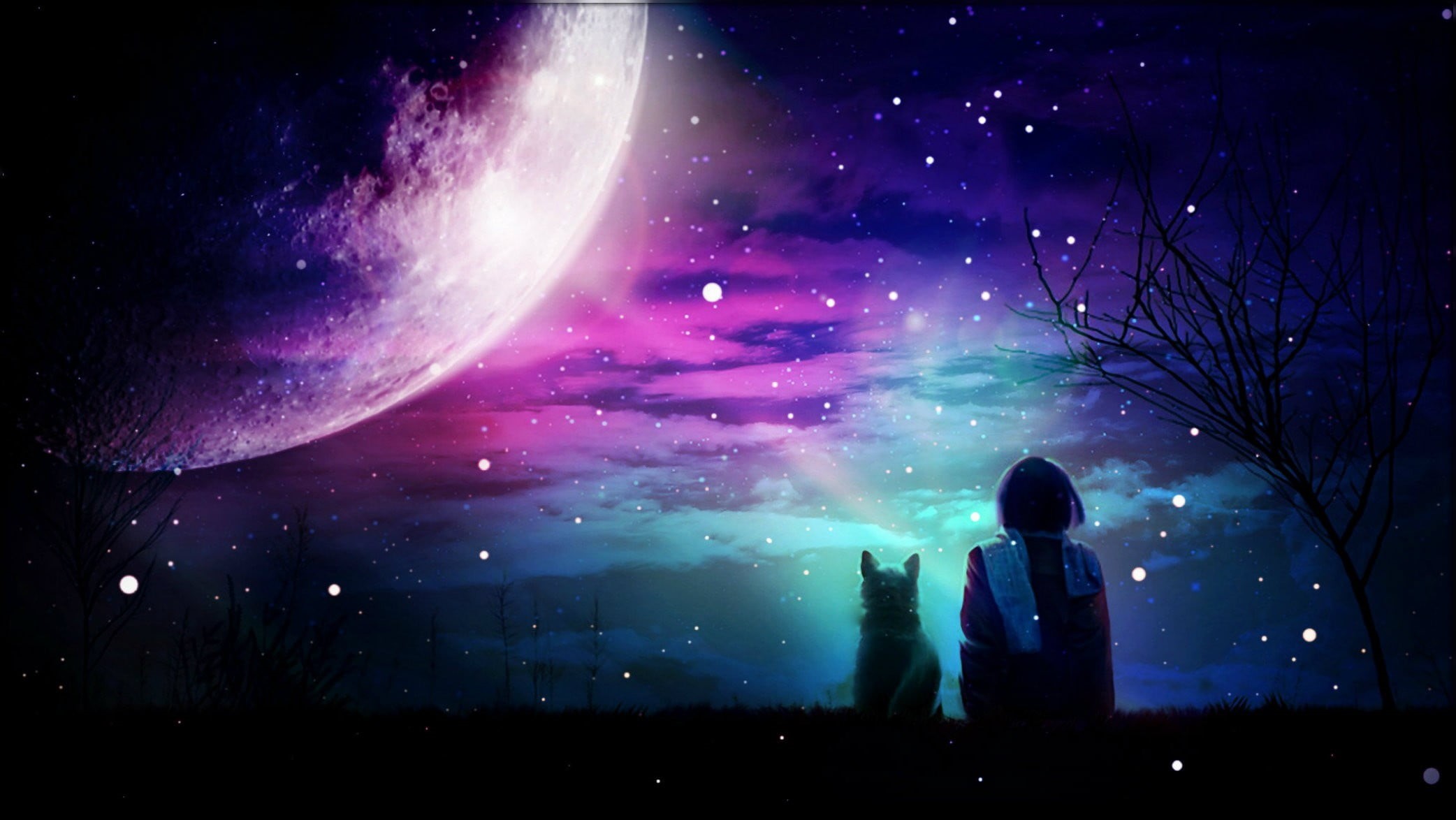 night, silhouette, space, fantasy art, artwork, moon, illuminated, people, looking, light, illustration, sky, purple, outdoors, digital art, beauty in nature, HD Wallpaper