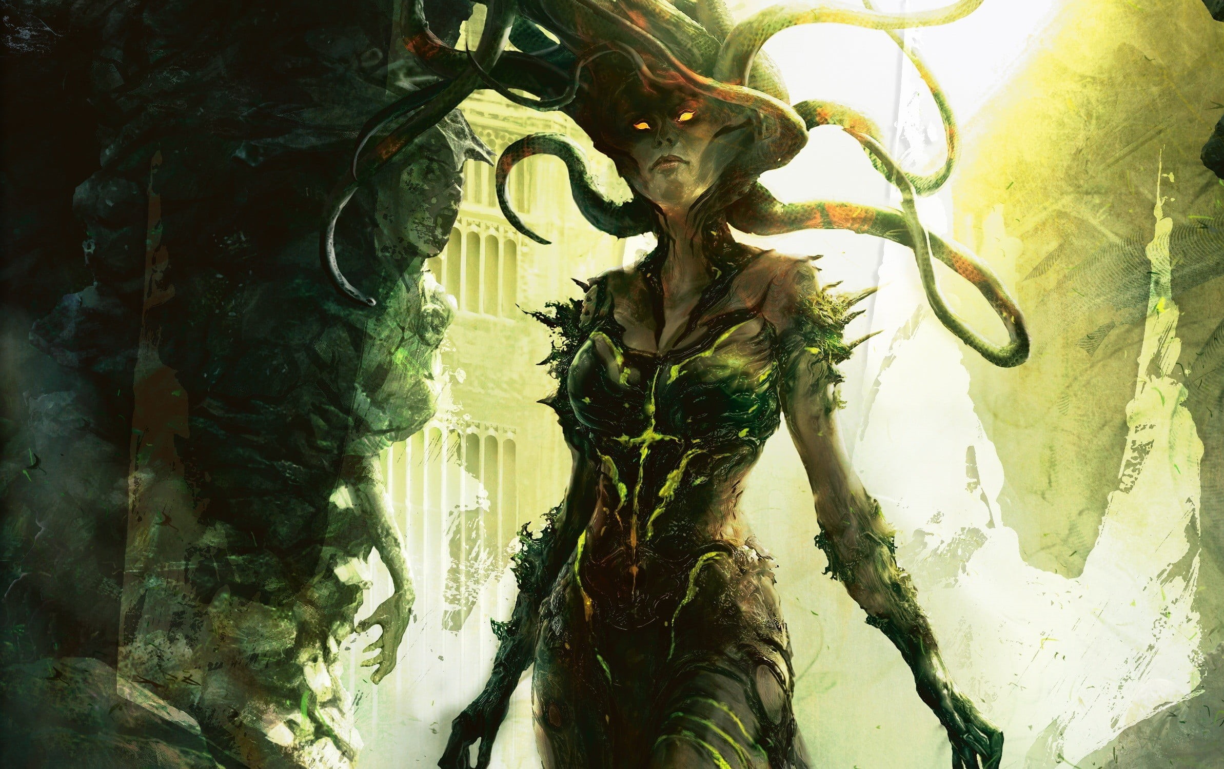 no people, 1080P, nature, reflection, water, representation, digital, sculpture, plant part, digital composite, day, plant, demon, Vraska, Magic: The Gathering, HD Wallpaper