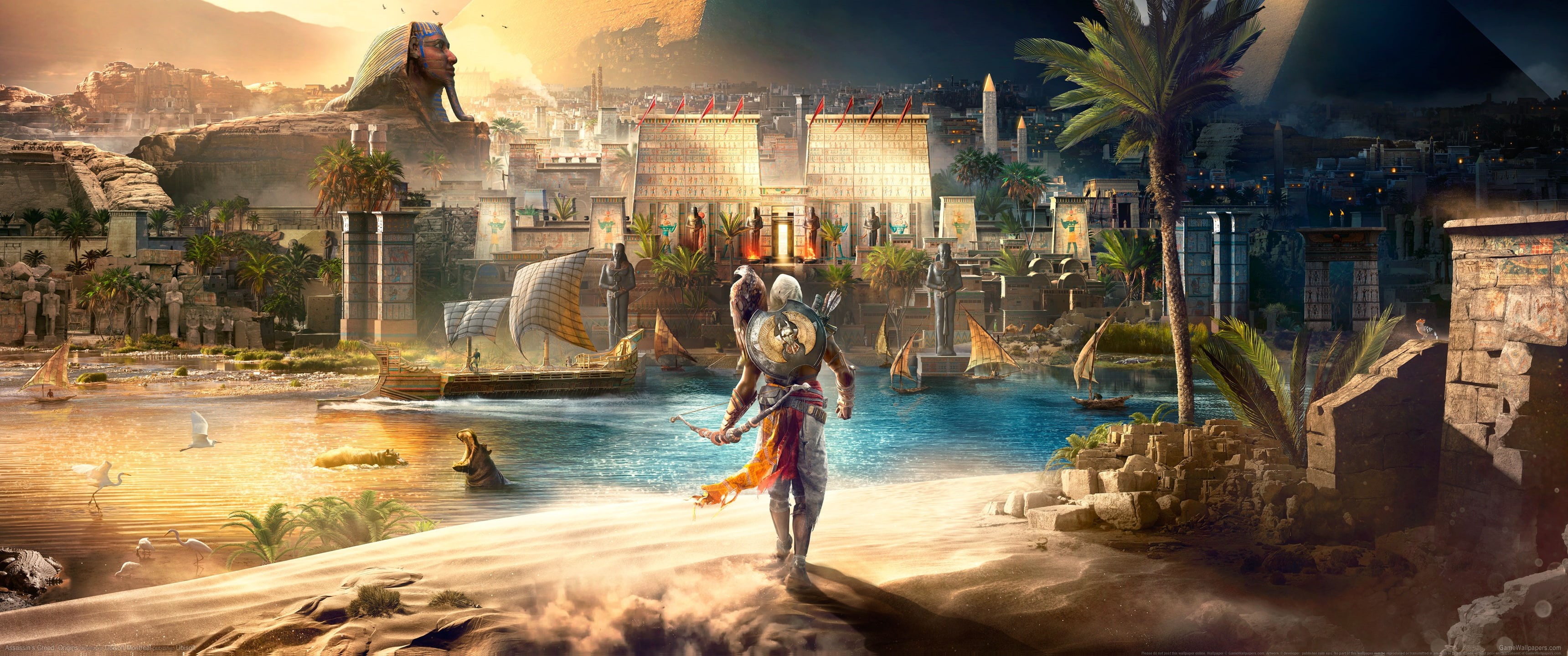 people, women, Assassins Creed: Origins, nature, building exterior, motion, ultrawide, Assassins Creed, travel destinations, built structure, city, nautical vessel, HD Wallpaper