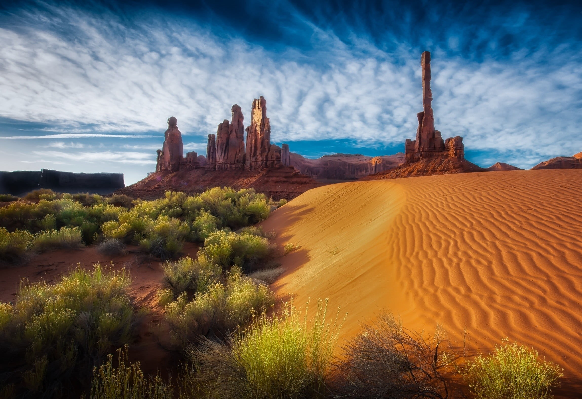 sand, outdoors, land, tranquility, landscape, no people, arid climate, climate, shrubs, nature, semi-arid, Monument Valley, rock, 1080P, tranquil scene, HD Wallpaper