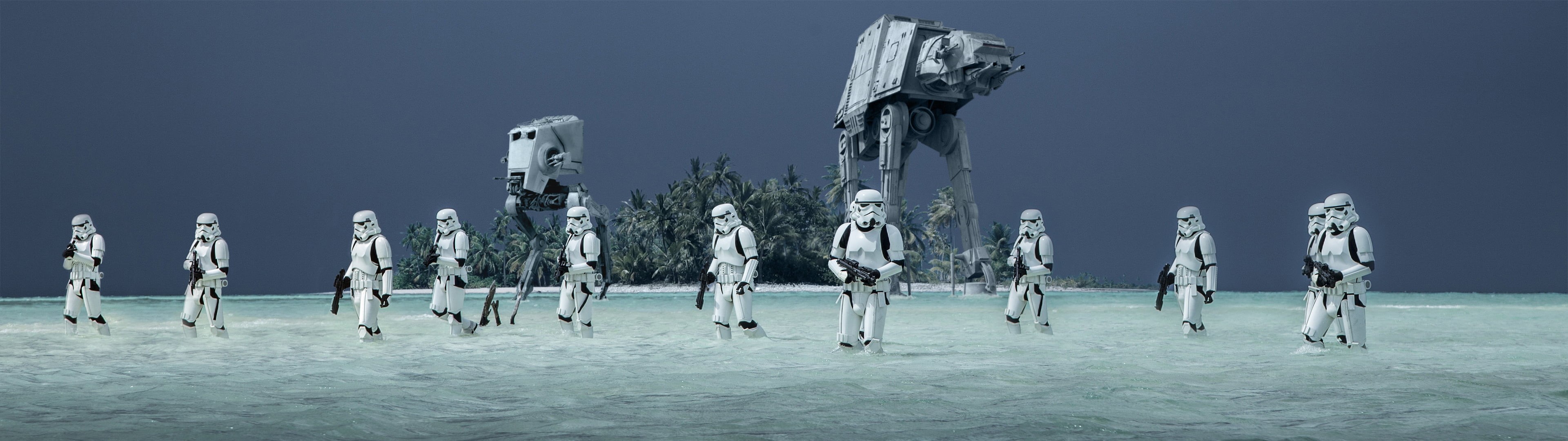 AT-AT Walker, winter, water, sea, large group of objects, troopers, trees, blue, 4K, AT-AT, AT-ST Walker, wooden post, ice, storm, beach, sky, nature, HD Wallpaper