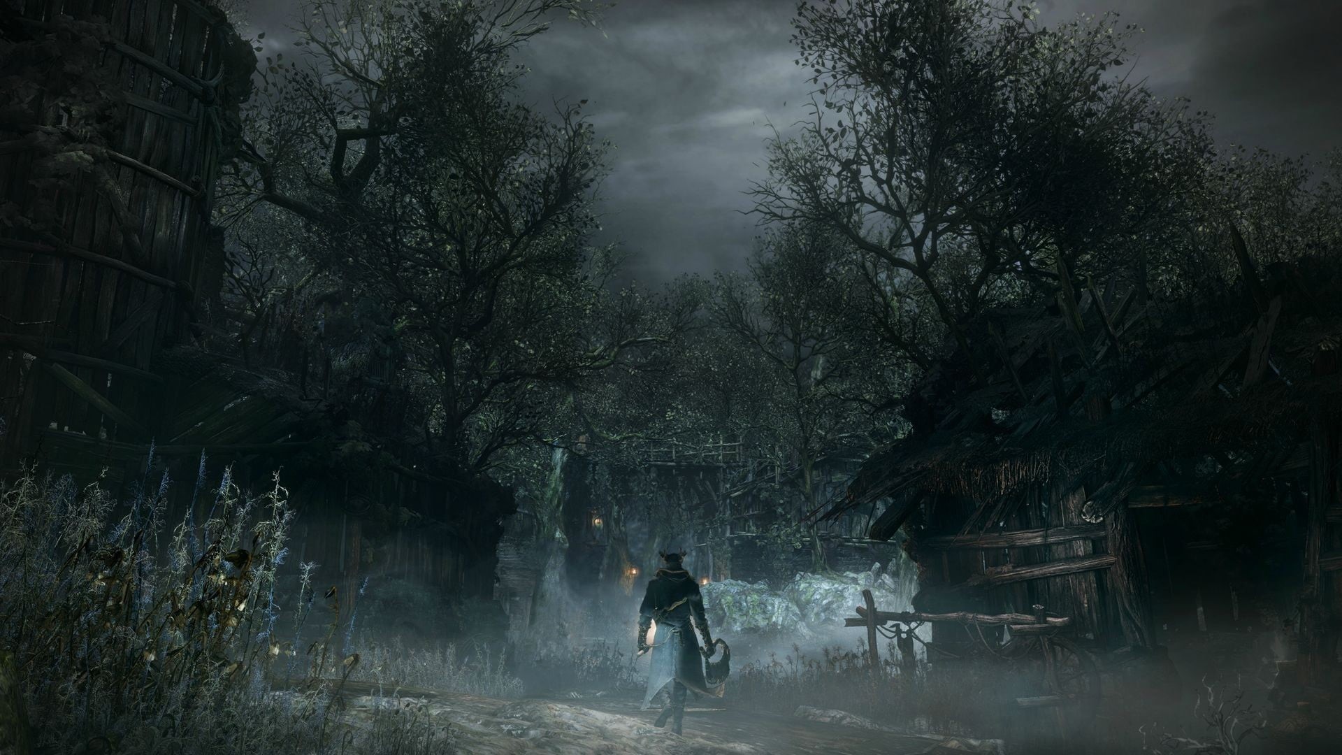 trees, bare, illustration, full length, men, building, land, plant, 1080P, rain, women, one Person, spooky, outdoors, walking, Bloodborne, horror, real people, HD Wallpaper