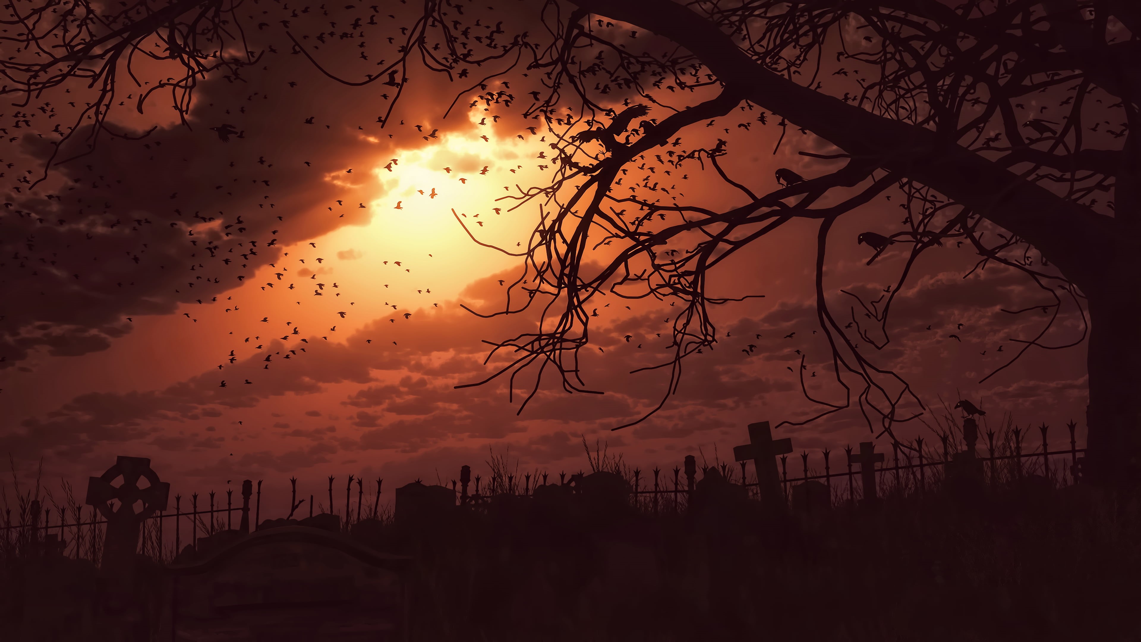 season, dusk, spooky, sunset, cemetery, fan art, branch, scenics - nature, scenics, fantasy art, built structure, dark, autumn, light - Natural Phenomenon, HD Wallpaper