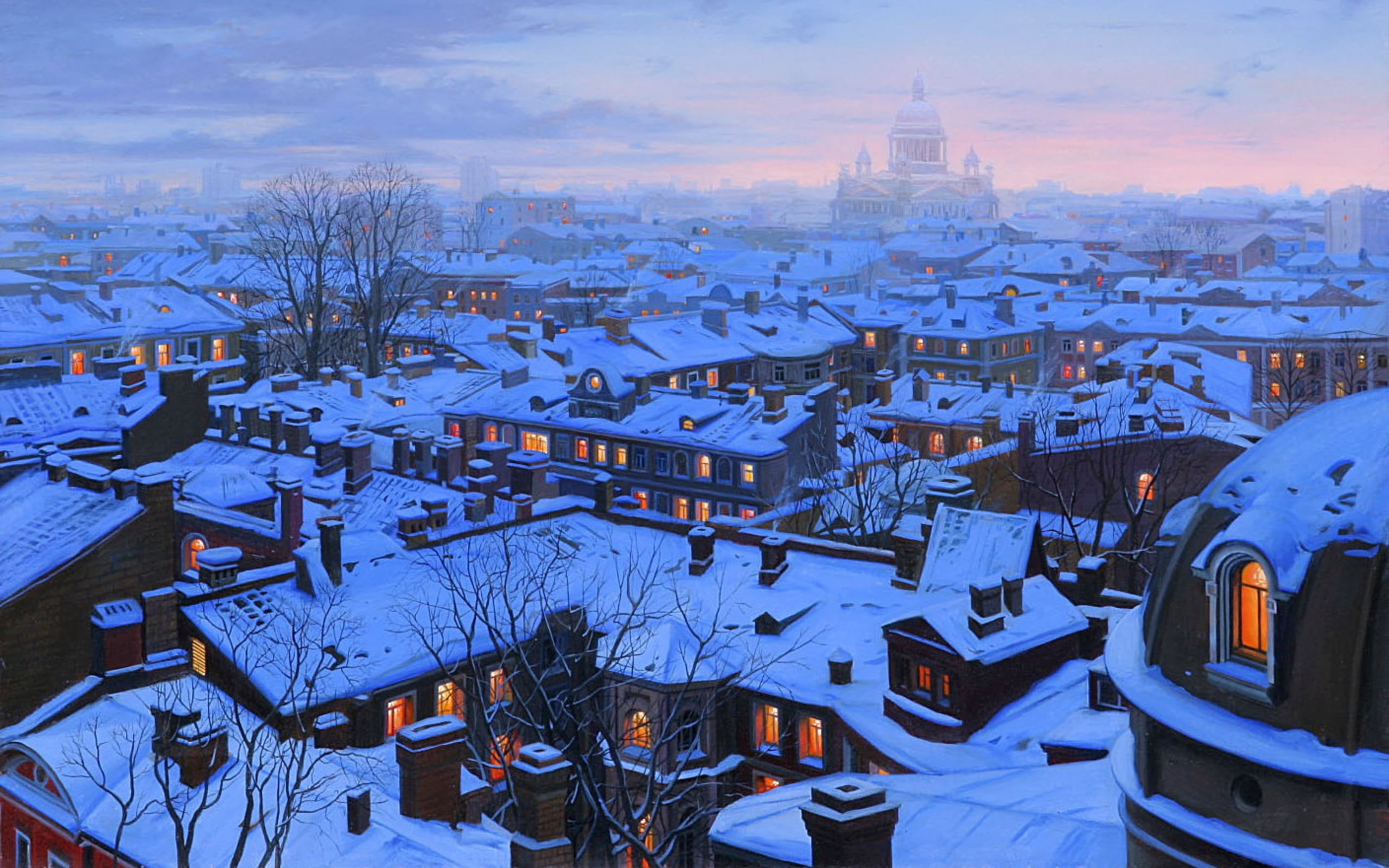 blue, panoramic, St Petersburg, Cathedral, Saint Petersburg, old, Eugene Lushpin, cultures, brown, travel, tower, painting, bare, St Petersburg roofs, tree, HD Wallpaper