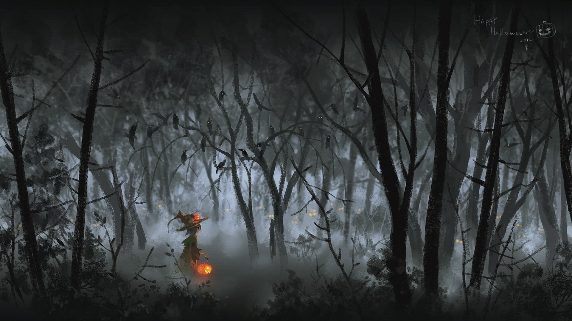 branch, nature, non-urban scene, pumpkin, smoke - physical structure, artwork, plant, no people, tree, fantasy art, Halloween, night, illuminated, outdoors, HD Wallpaper