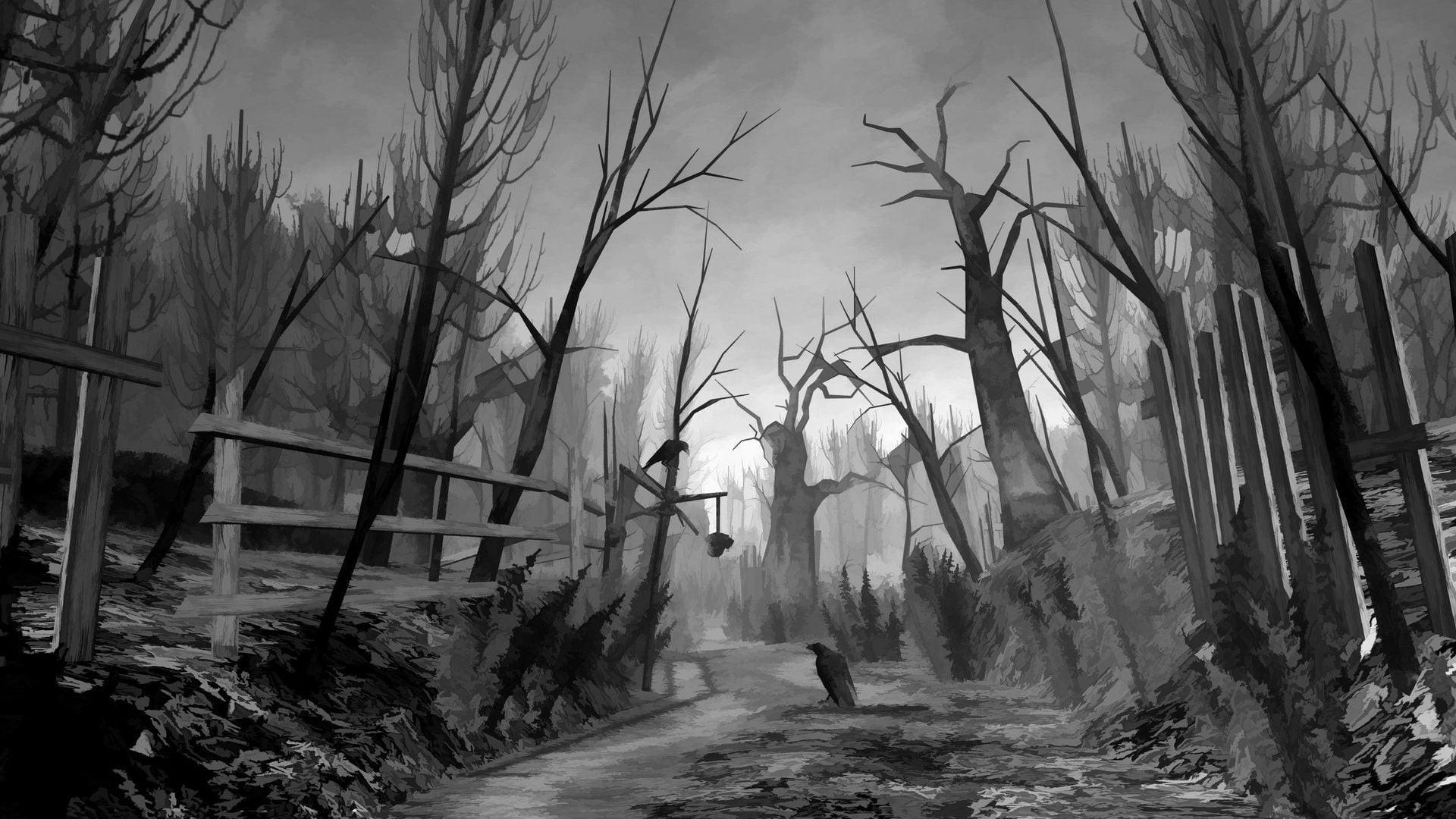 birds, fence, dirt road, cold temperature, branch, nature, dark, the way forward, sky, forest, plant, photo, built structure, crow, tree, Resident Evil 4, HD Wallpaper