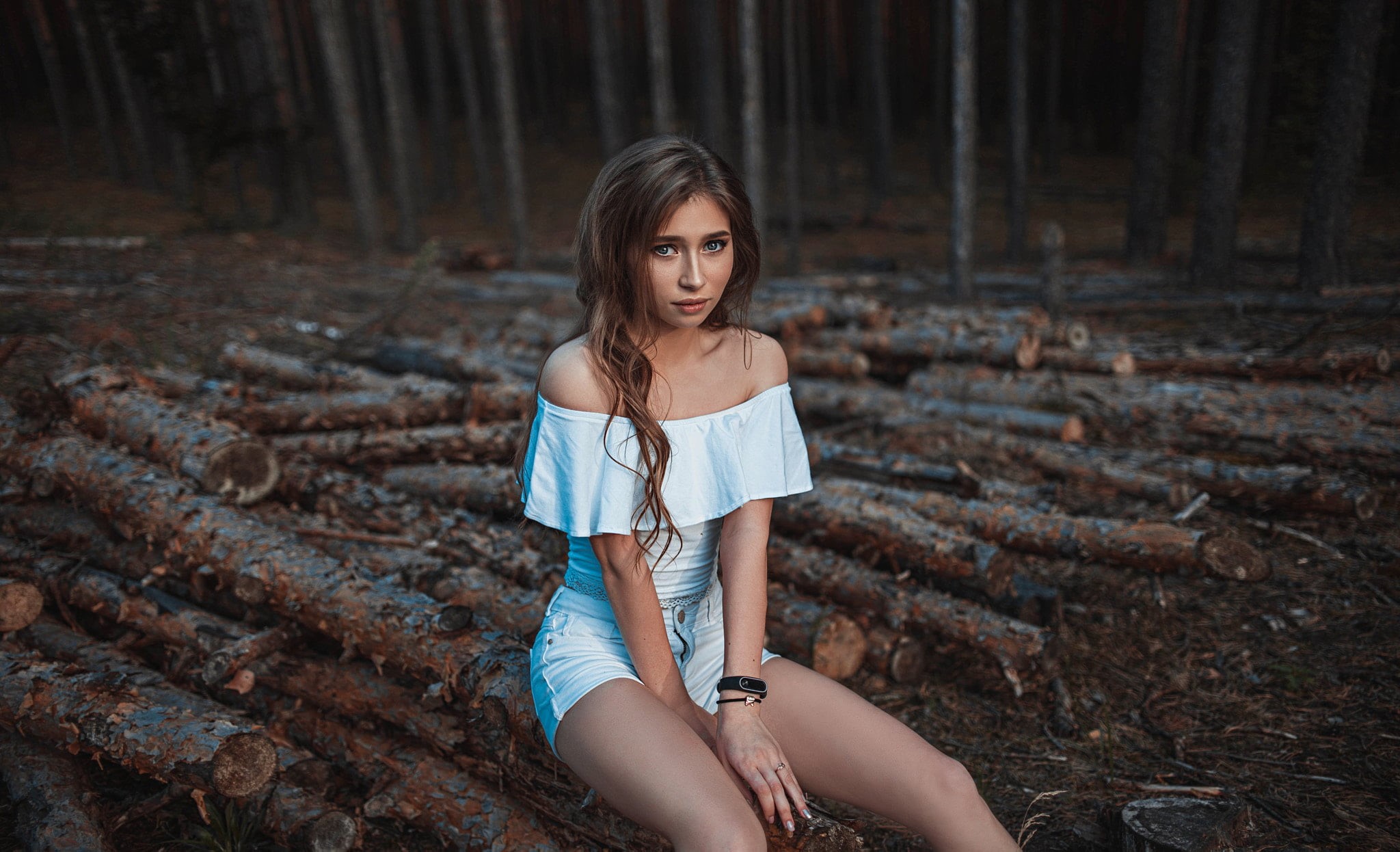 portrait, s, women, looking at camera, emotion, contemplation, dress, females, nature, shoulder, one person, white, three quarter length, trees, outdoors, HD Wallpaper