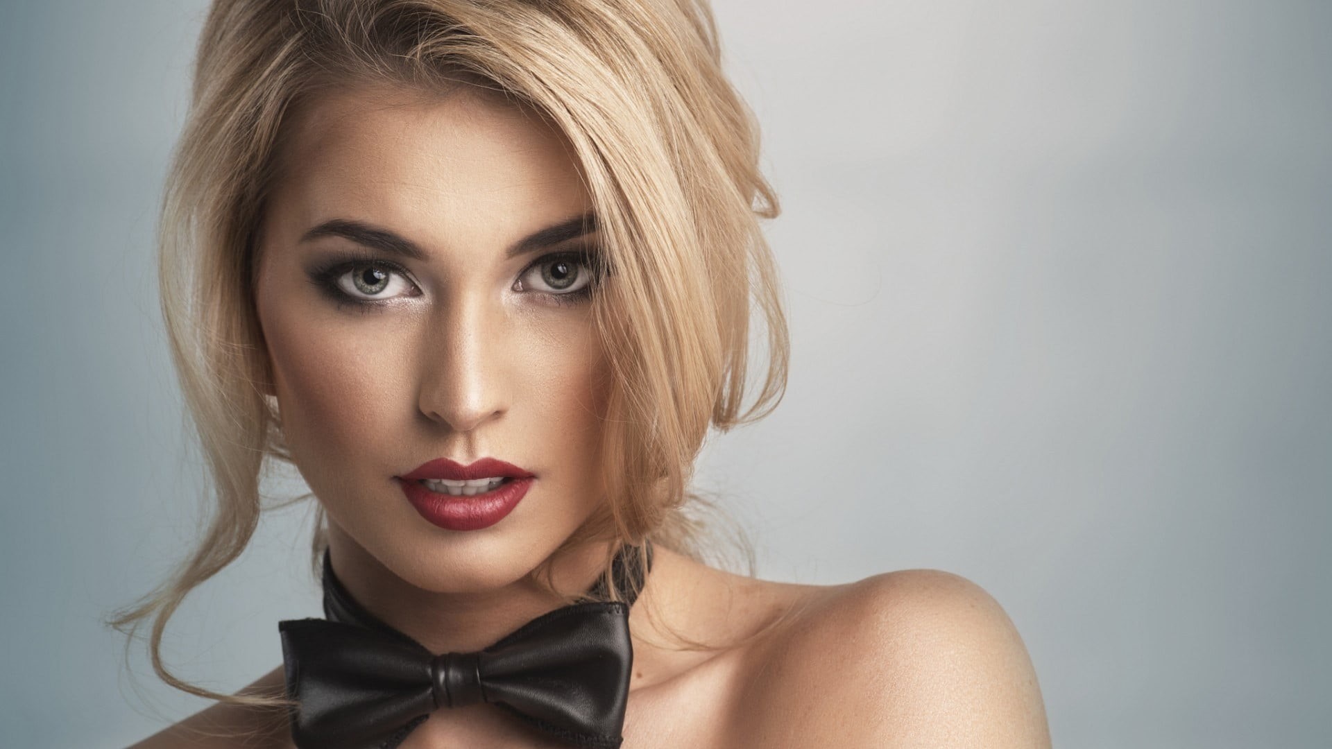face, makeup, blonde, adult, indoors, beauty, simple background, beautiful woman, human hair, model, 1080P, headshot, human face, bow-tie, women, make-up, HD Wallpaper