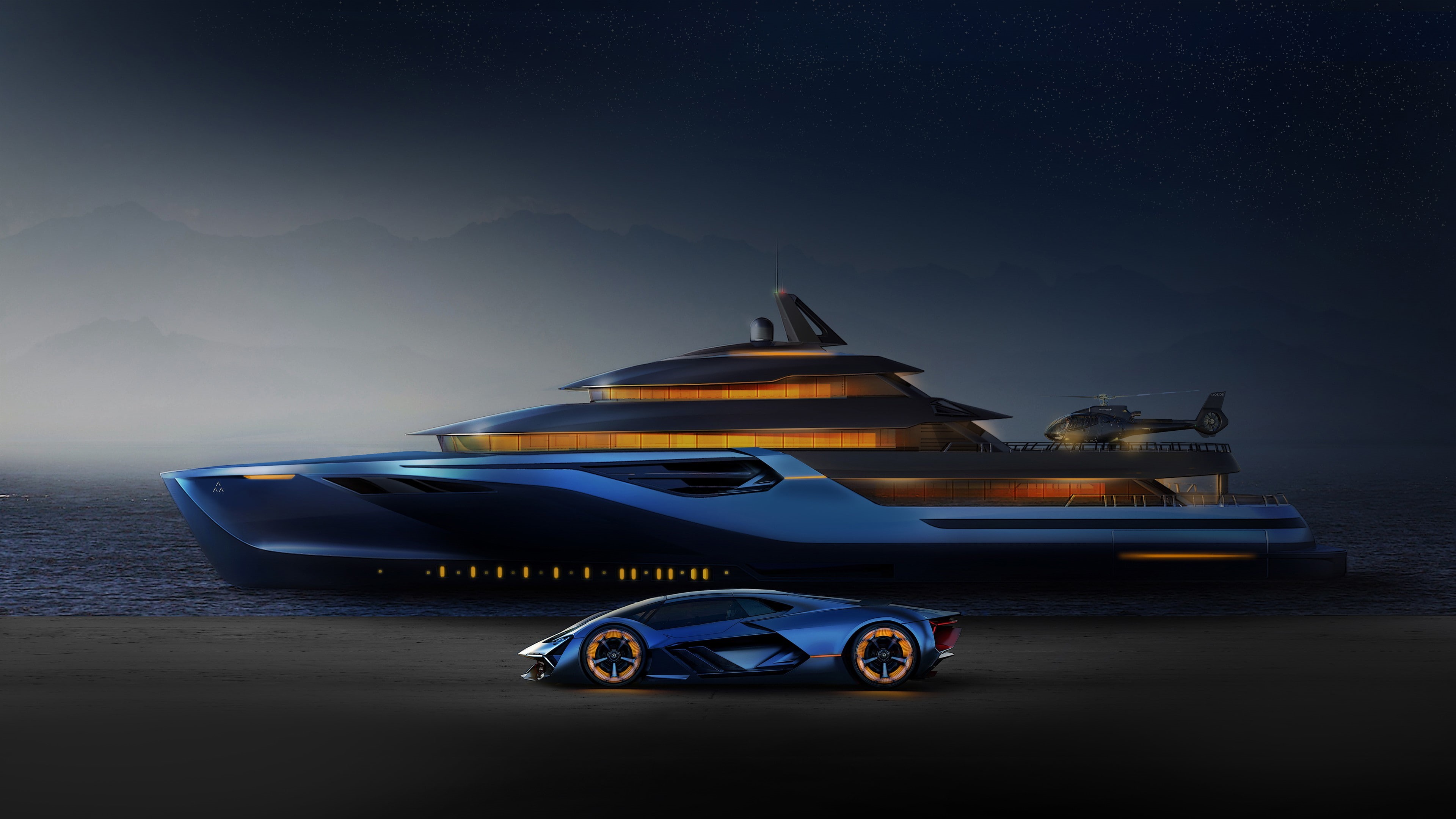 lamborghini, ship, 4K, luxury car, yacht, lamborghini terzo millennio, vehicle, luxury, luxury yacht, concept car, HD Wallpaper