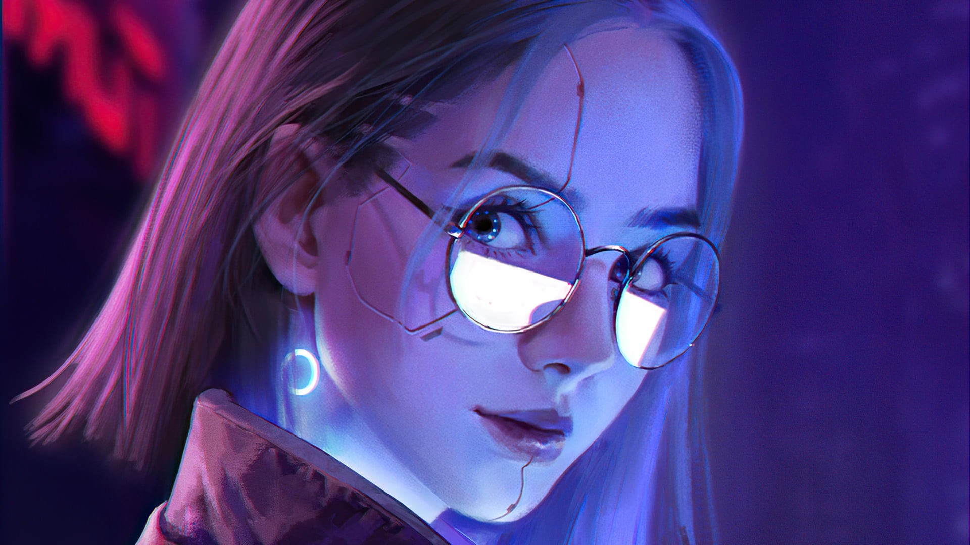 looking at viewer, cyberpunk, glasses, 1080P, Cyberpunk 2077, glowing, artwork, HD Wallpaper