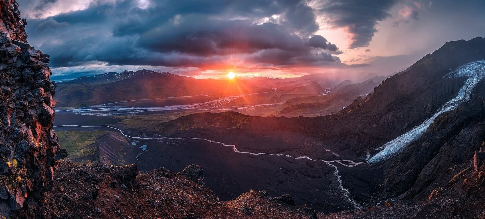 land, rock, mountains, tourism, sunset, sun, beauty in nature, glaciers, 720P, sun rays, landscape, clouds, sunlight, no people, outdoors, dramatic sky, HD Wallpaper