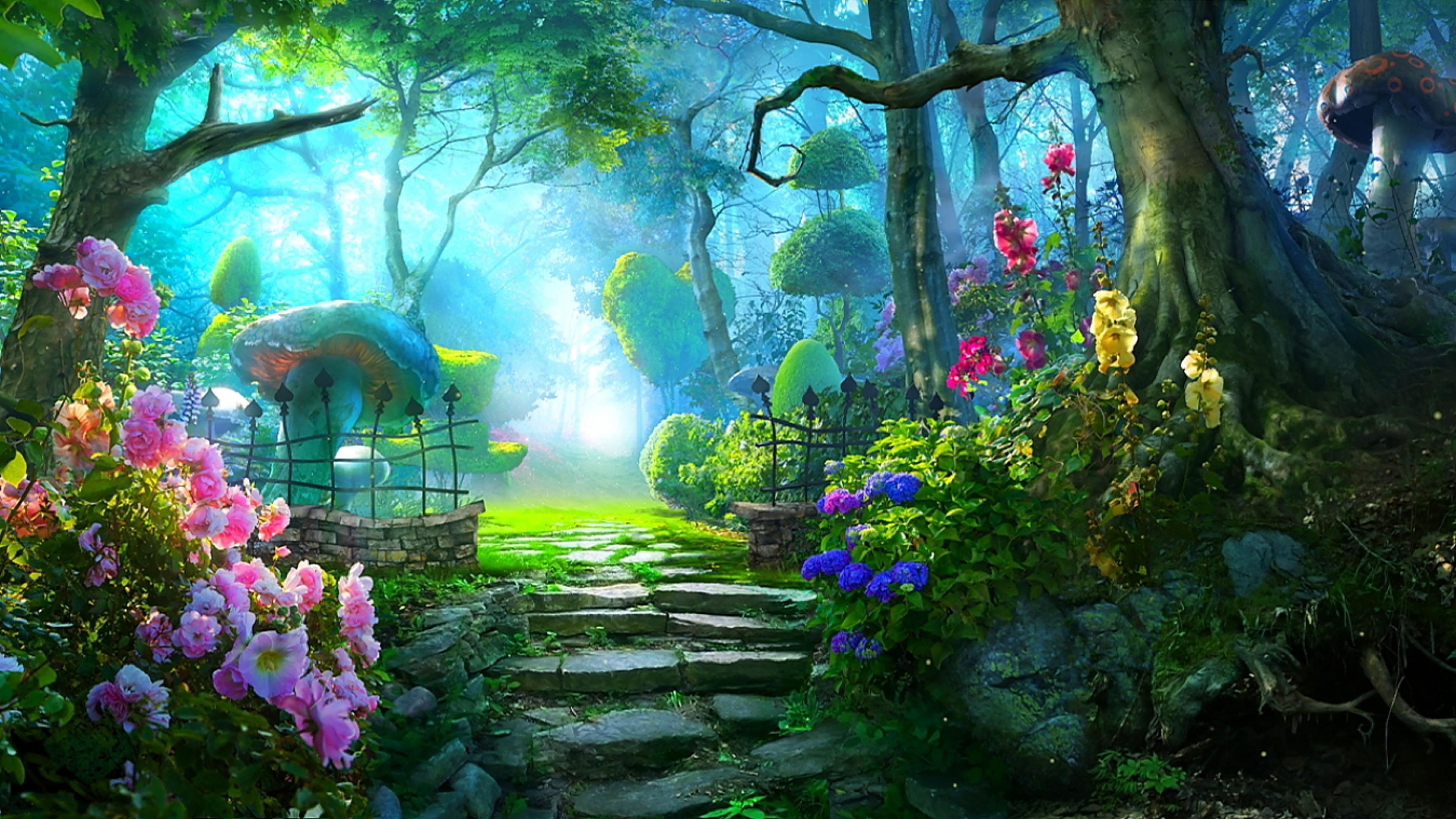 garden, dream, color, dreamland, flowers, animation, assorted, petaled, mushrooms, tail, pathway, beside, fairytail, trees, 4K, HD Wallpaper