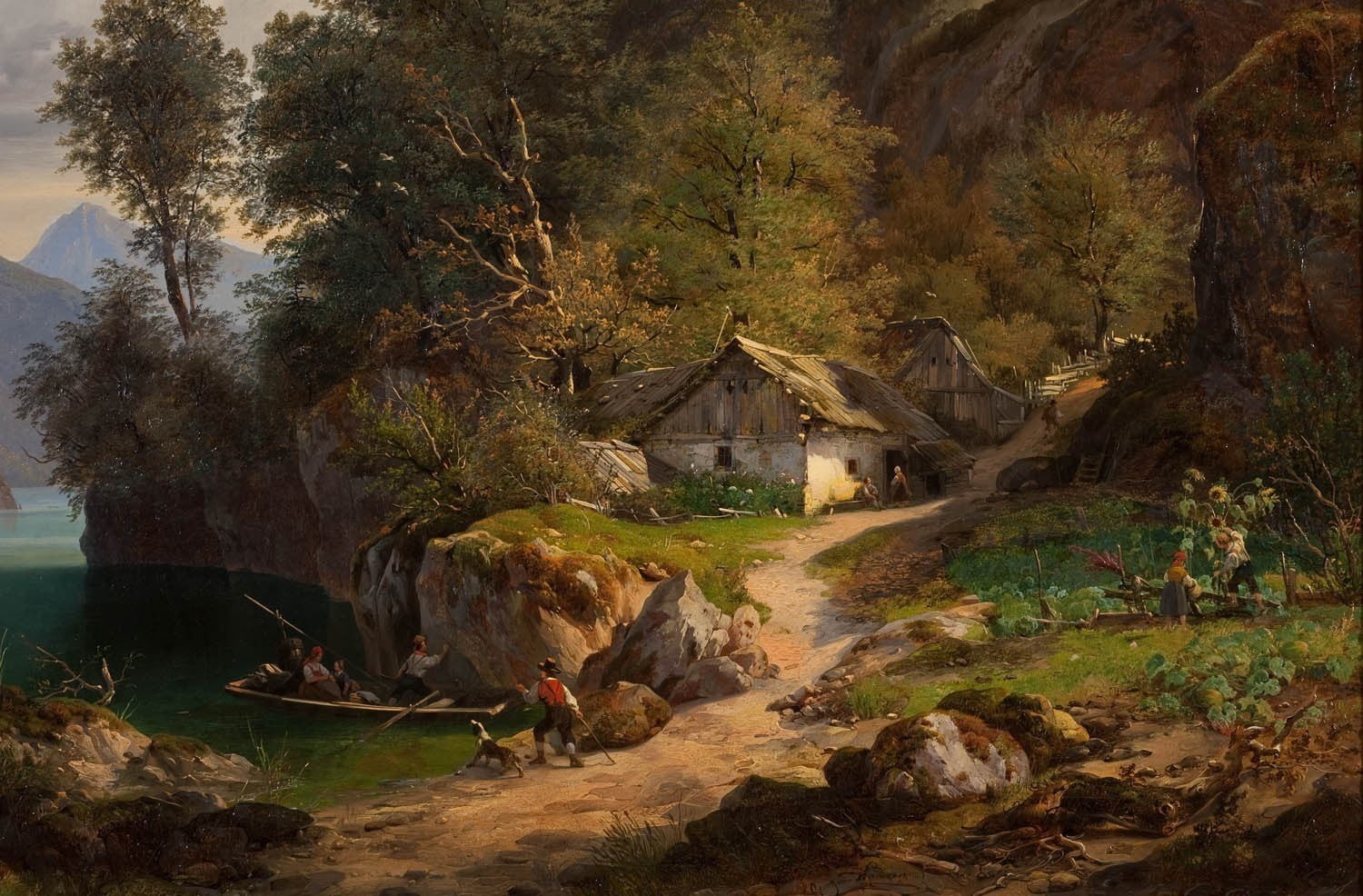 growth, tree, day, environment, outdoors, painting, beside, cottage, boat, near, building, solid, path, 720P, plant, building exterior, classic art, pastoral, HD Wallpaper