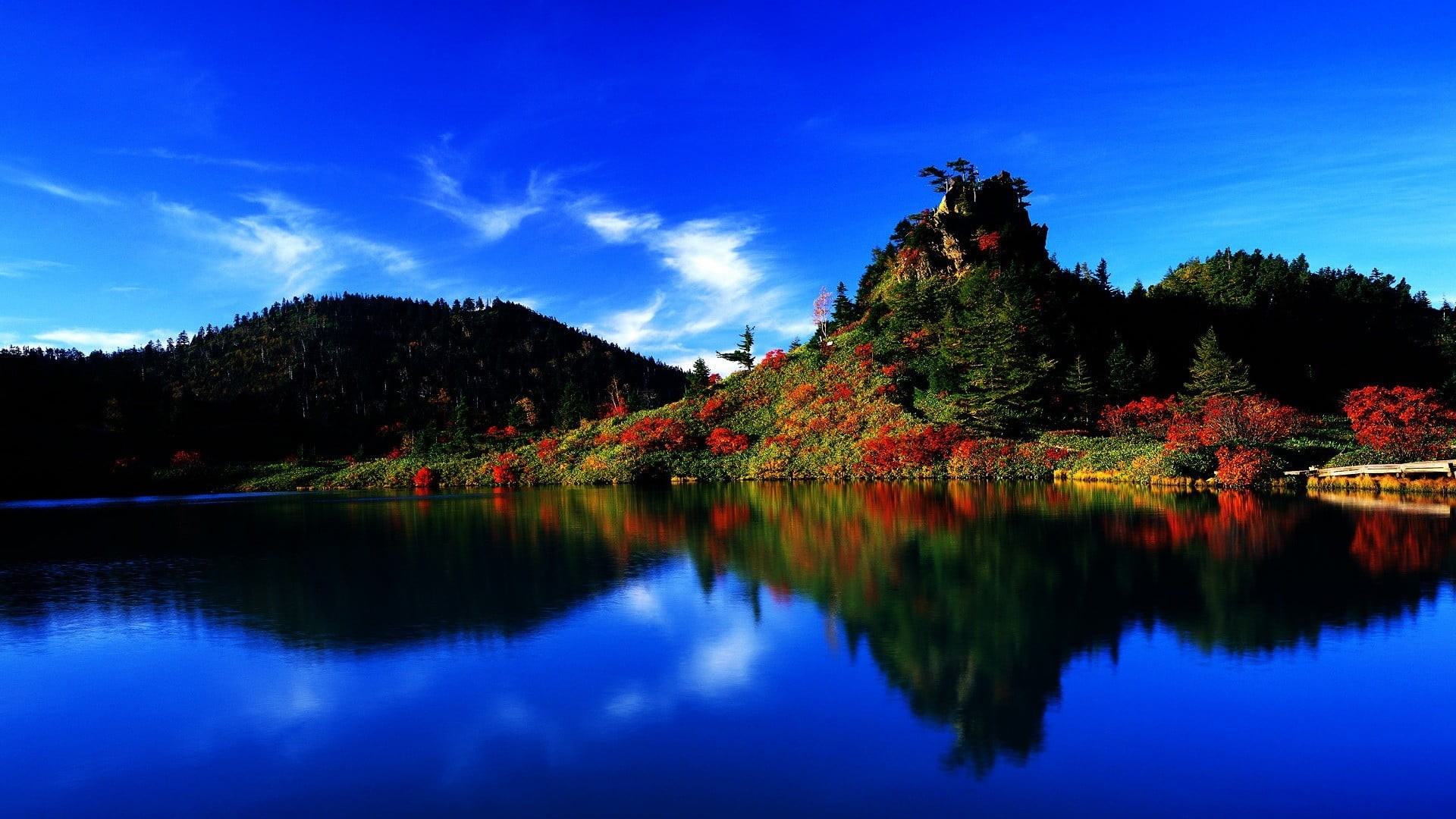 mountain, pond, landscape, tranquil Scene, autumn, waterfront, red, tree, 1080P, colorful, summer, sunset, lake, plant, cloud - sky, horizon, HD Wallpaper