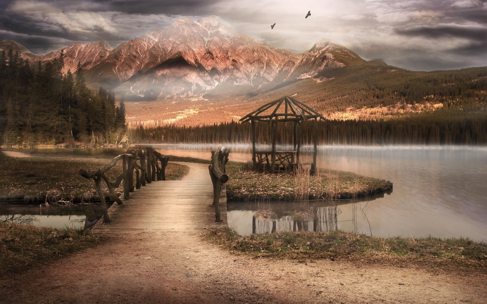 body, water, mountain, beside, wood, mountain range, birds, no people, gazebo, beauty in nature, snowy peak, forest, cloud - sky, 1080P, mountains, lake, HD Wallpaper