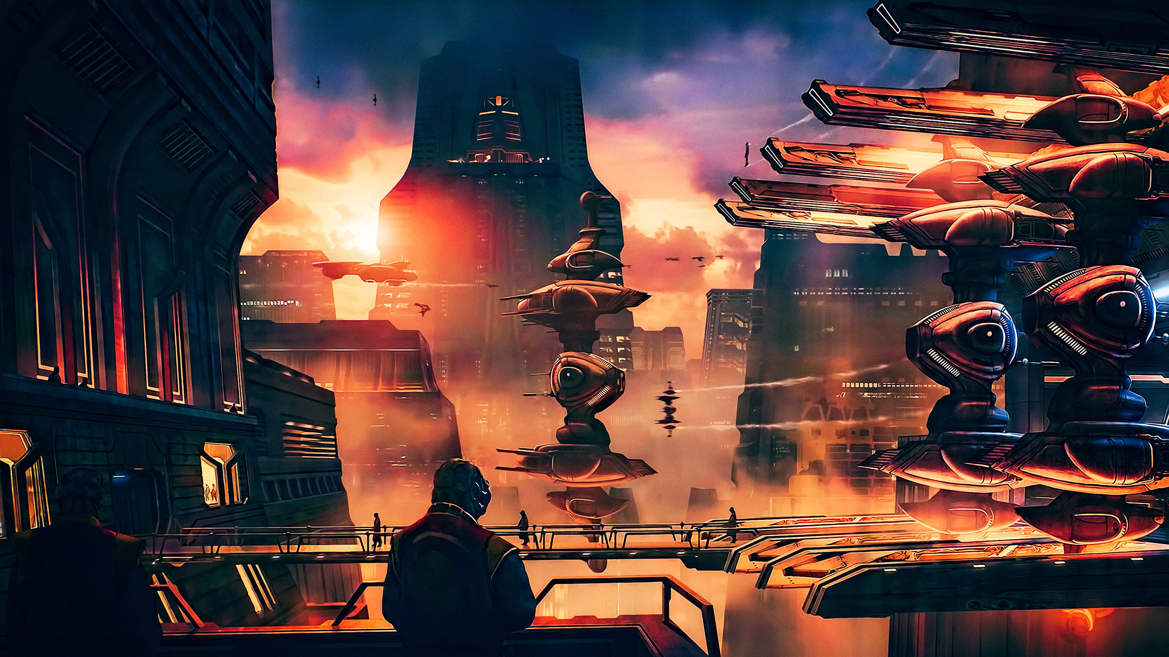 CGI, artwork, city, night, building exterior, men, women, futuristic, 4K, lifestyles, fantasy art, science fiction, adult, sunset, turrets, photography themes, HD Wallpaper