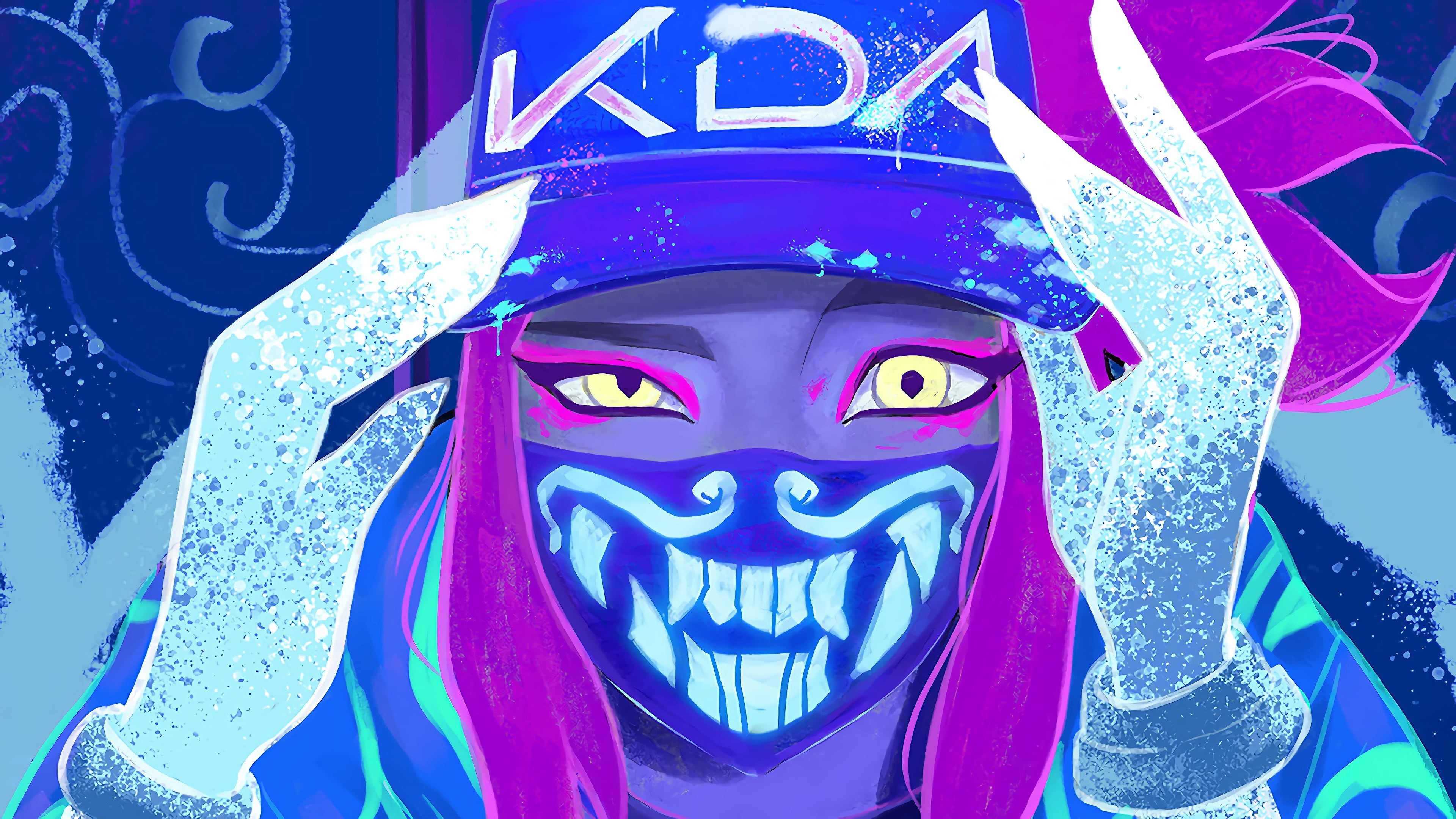 neon lights, pink hair, fantasy girl, digital art, women, 4K, Akali(League of Legends), video games, digital painting, games art, yellow eyes, Riot Games, HD Wallpaper