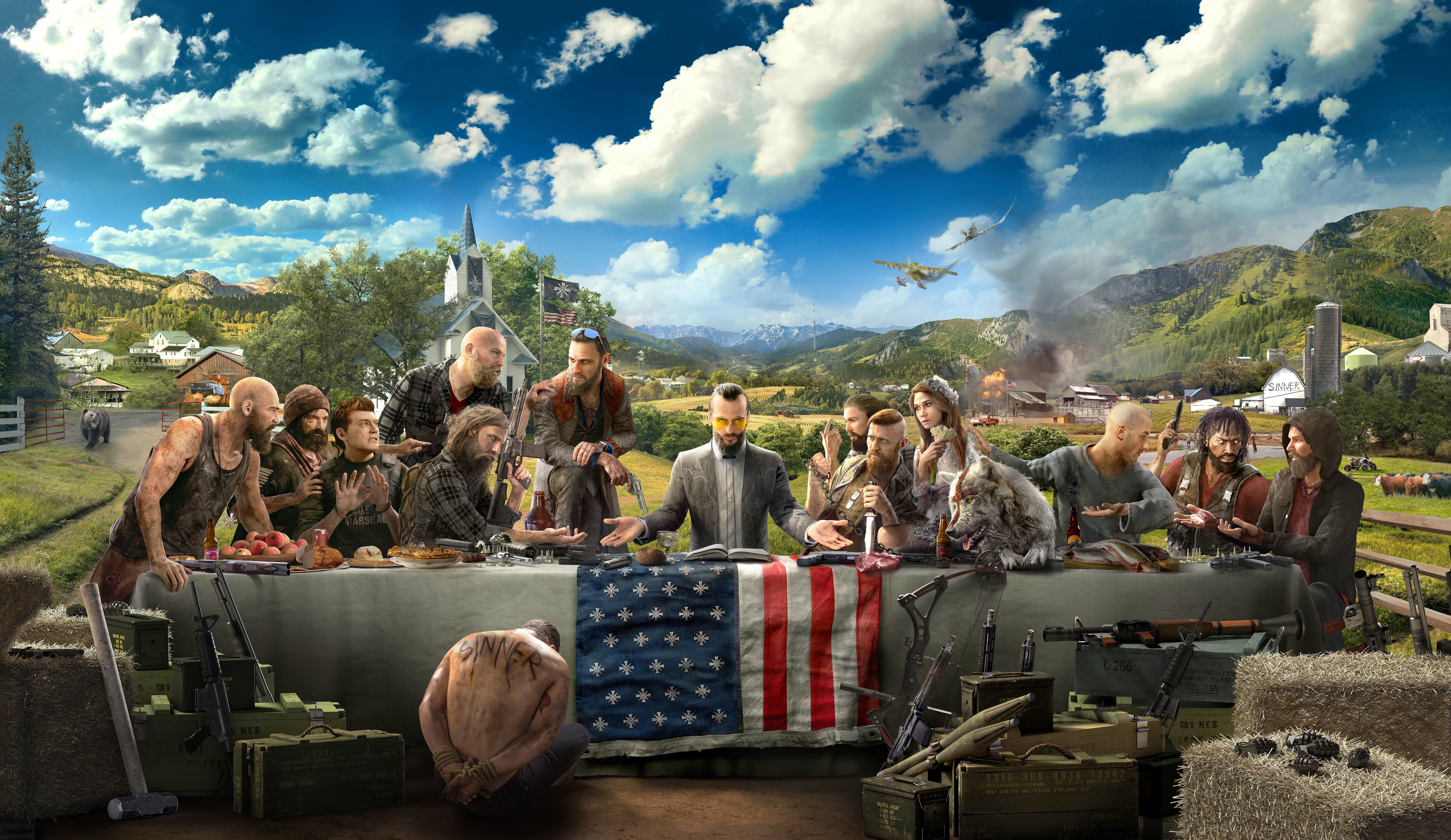 farcry, Far Cry 5, USA, sitting, nature, outdoors, men, Far Cry, group of people, food, 5K, cloud - sky, Ubisoft, plant, large group of people, adult, HD Wallpaper