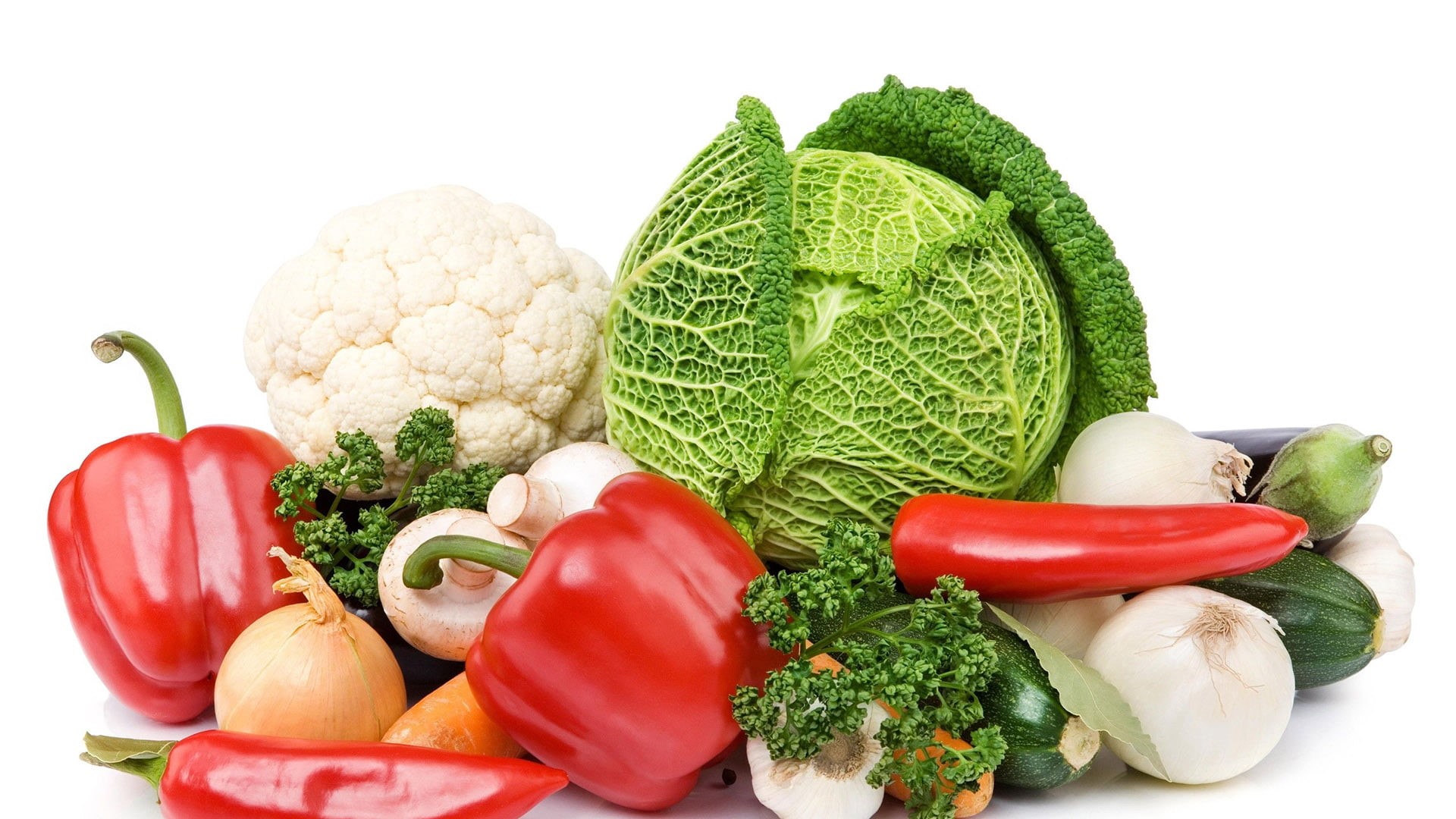 diet, dinner, health, studio shot, slice, cucumber, nobody, lettuce, closeup, fruit, vegetables, meat, yellow, wellbeing, tomatoes, onion, broccoli, white background, HD Wallpaper