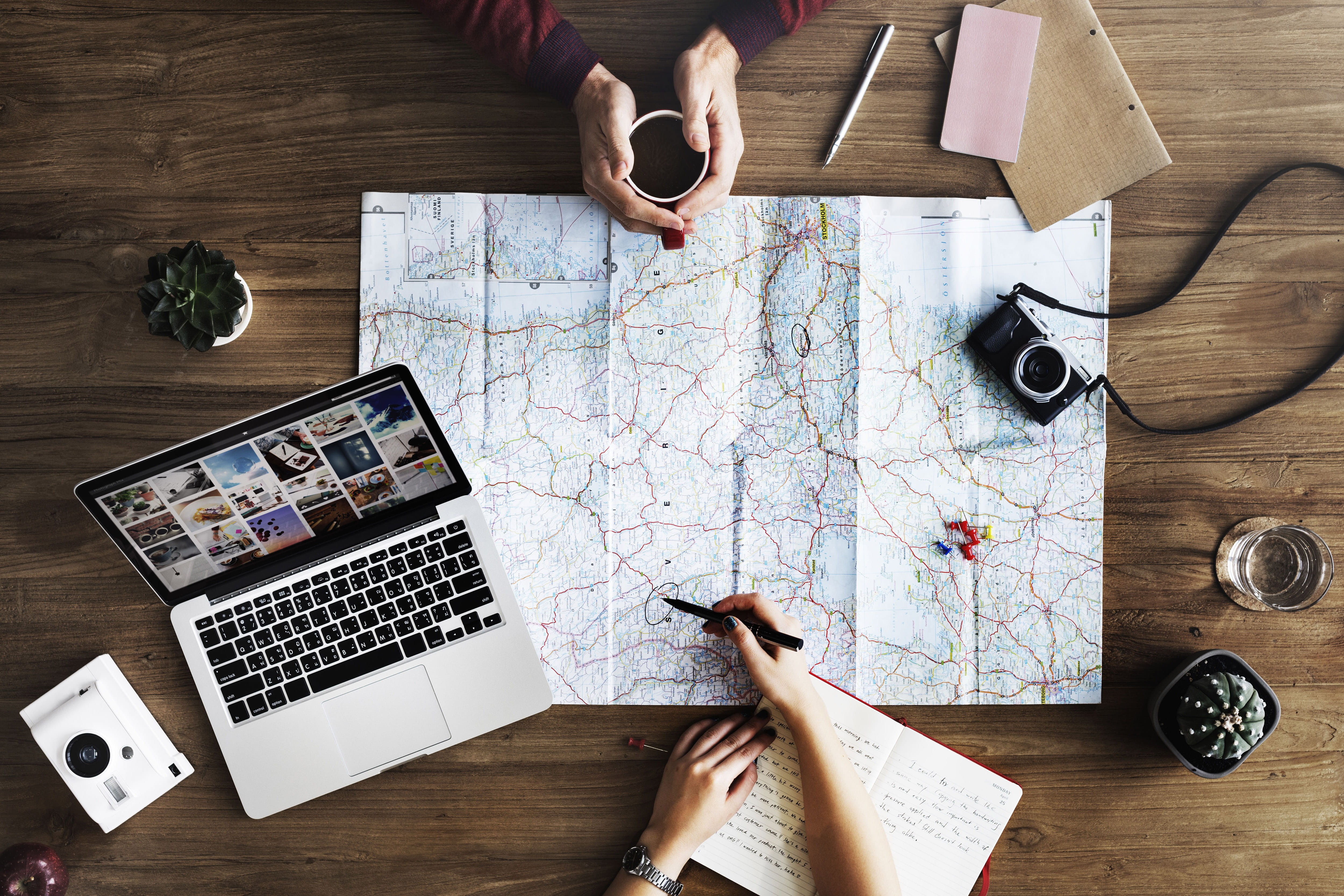planning, one person, connection, wireless technology, human hand, photographer, trip, table, using laptop, communication, high angle view, maps, guidance, HD Wallpaper