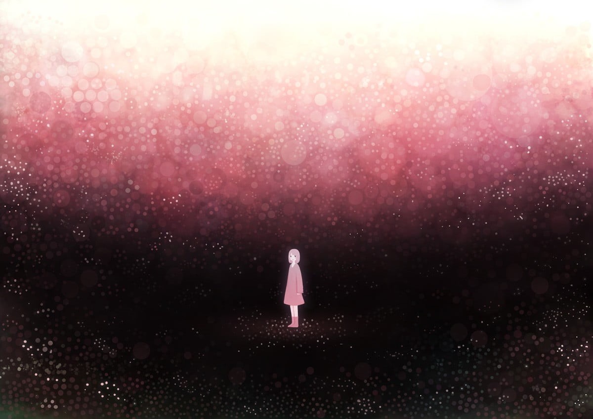 contemplation, anime girls, outdoors, full length, 480P, artwork, snowing, aspirations, adult, one person, nature, purple, pink color, sky, sunlight, fantasy, HD Wallpaper