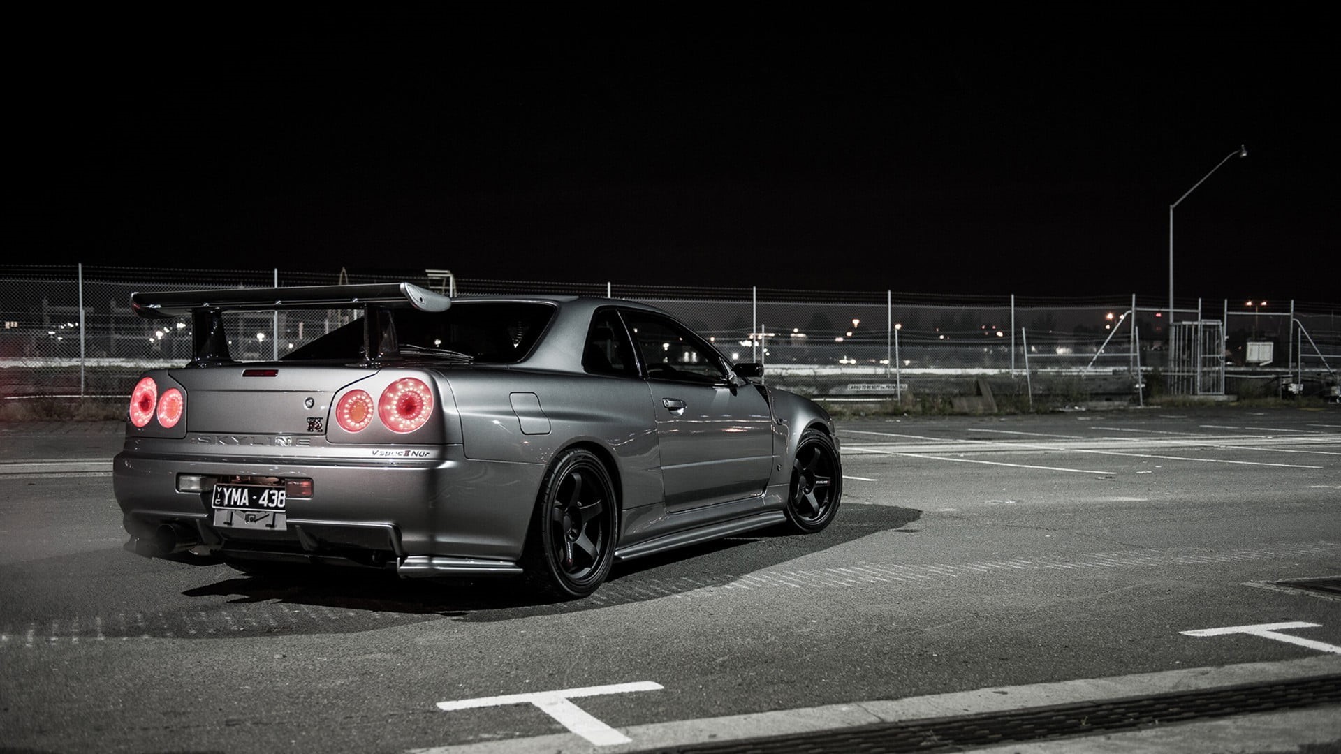 sign, motor vehicle, numbers, city, street, parking garage, racecar, illuminated, 1080P, vehicle, coupe, silver, silver cars, speed, Nissan Skyline, motion, HD Wallpaper