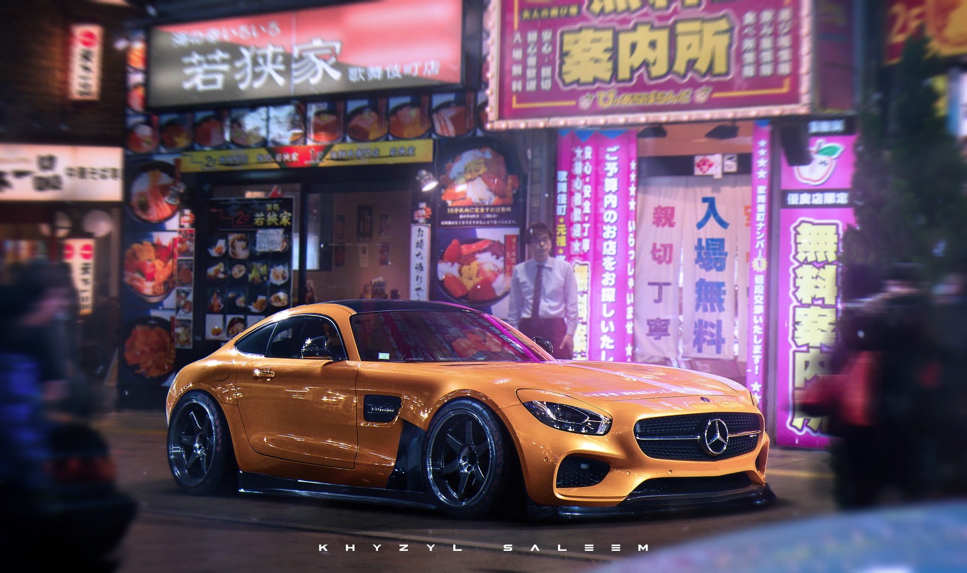 motor vehicle, Khyzyl Saleem, render, night, land vehicle, Japan, artwork, car, city street, benz, 1080P, building exterior, street, architecture, illuminated, HD Wallpaper