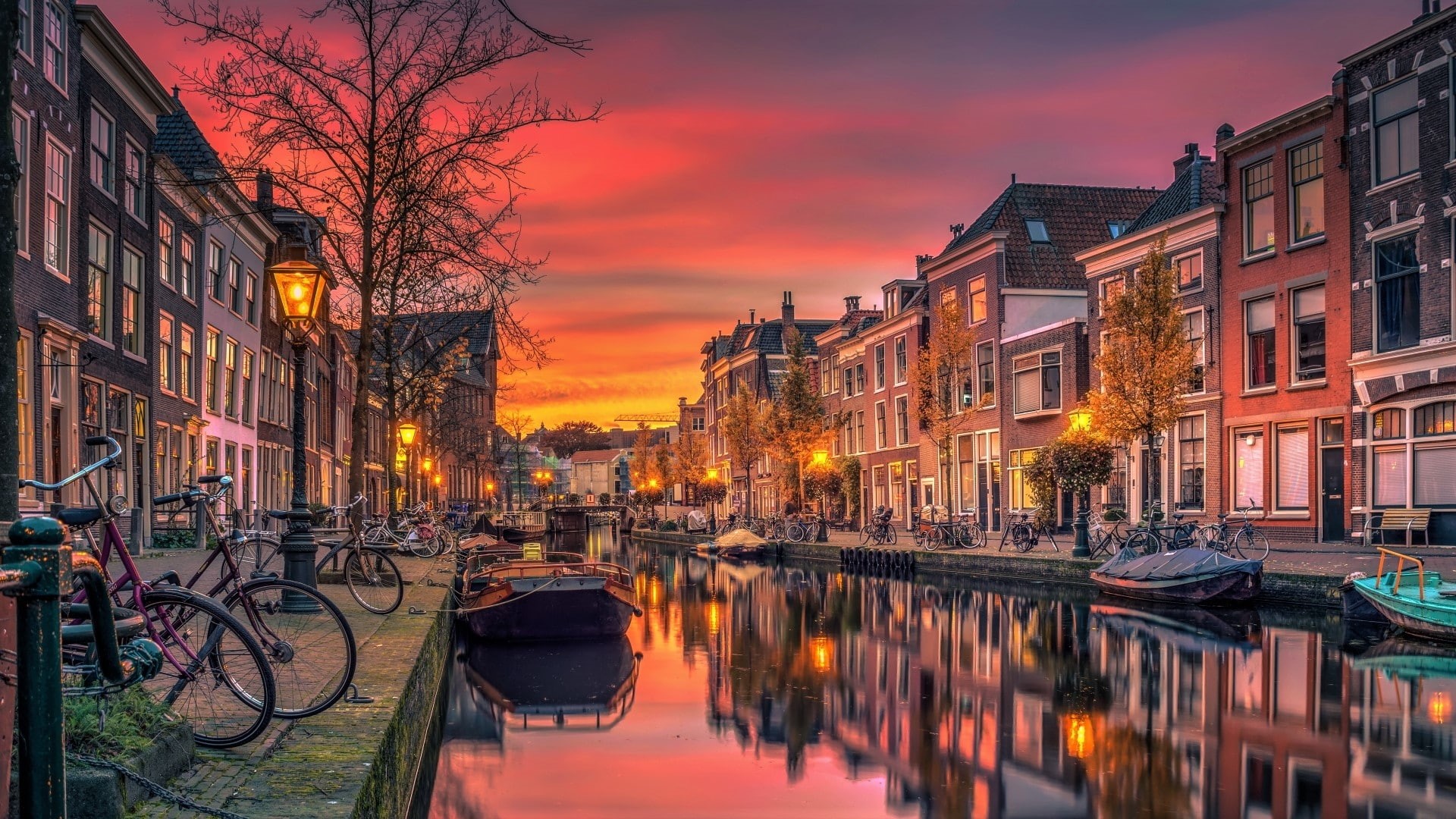 built structure, 1080P, illuminated, sky, boats, architecture, building exterior, nautical vessel, nature, houses, bicycle, City, sunset, mode of transportation, HD Wallpaper