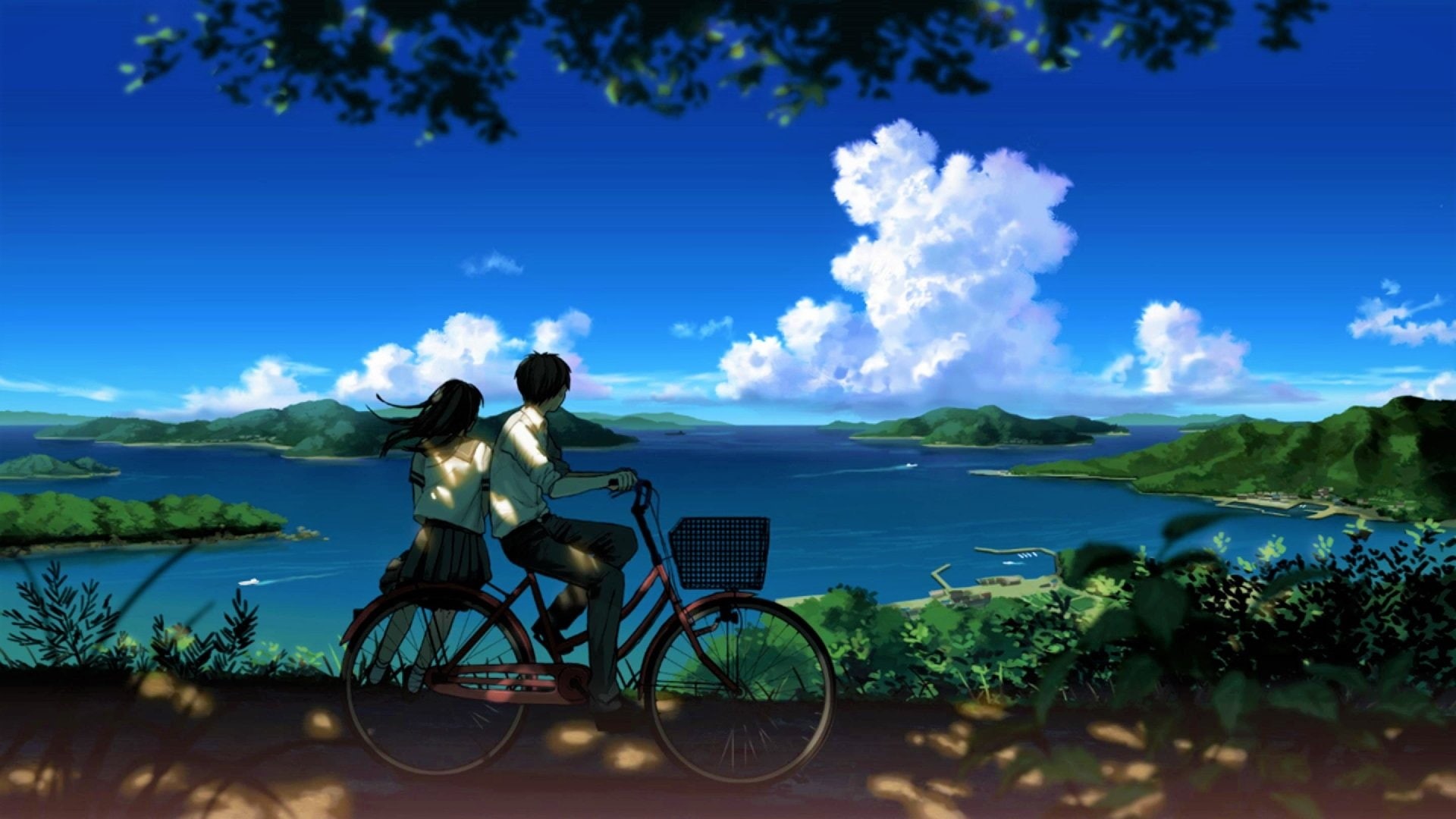 blue, outdoors, Girl, Scenery, leisure activity, cloud - sky, travel, Man, Lake, holiday, women, Sky, water, adult, land, Bike, Cloud, Mountain, Anime, HD Wallpaper