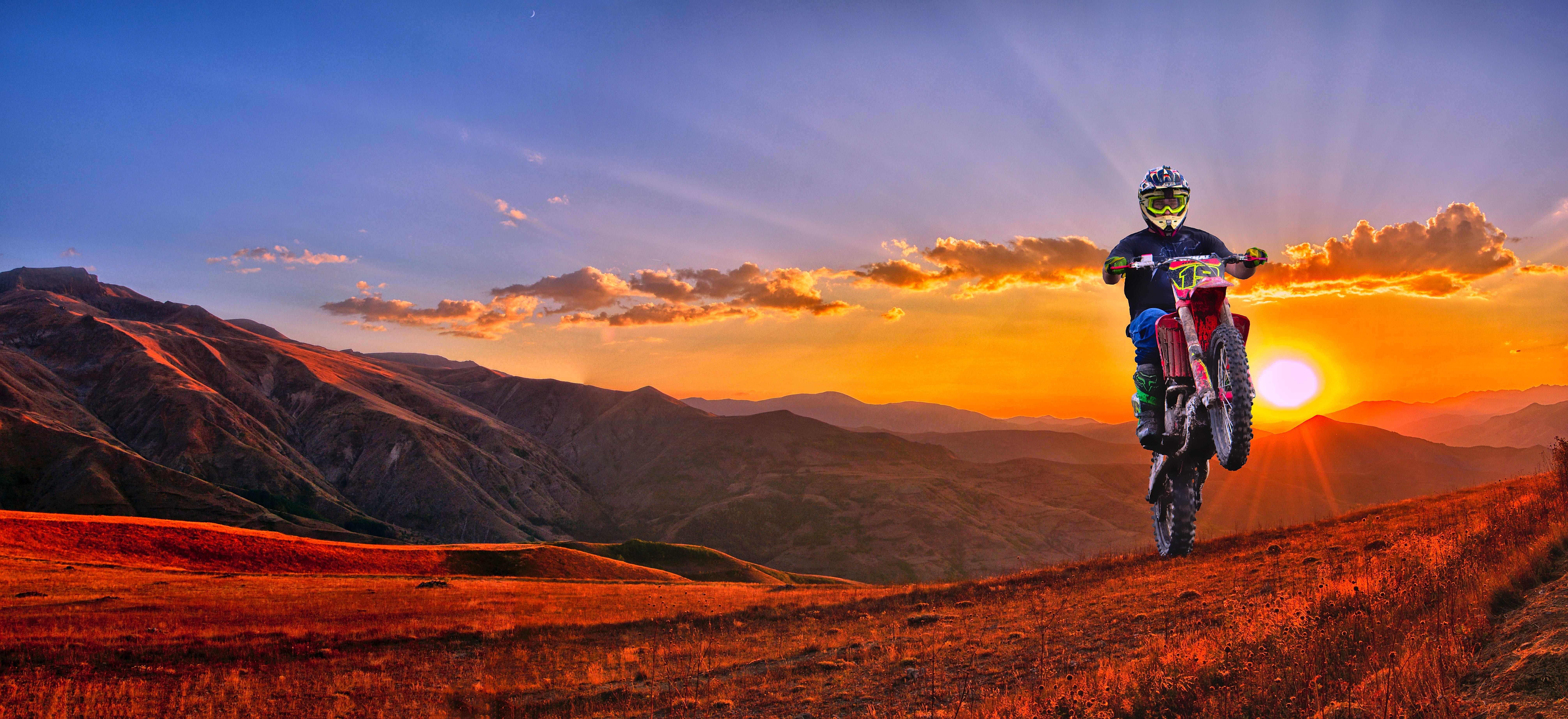 mountain range, 8K, honda, riding, mountains, activity, landscape, beauty in nature, travel, motion, clouds, rider, helmet, ride, motocross, sun, bicycle, HD Wallpaper