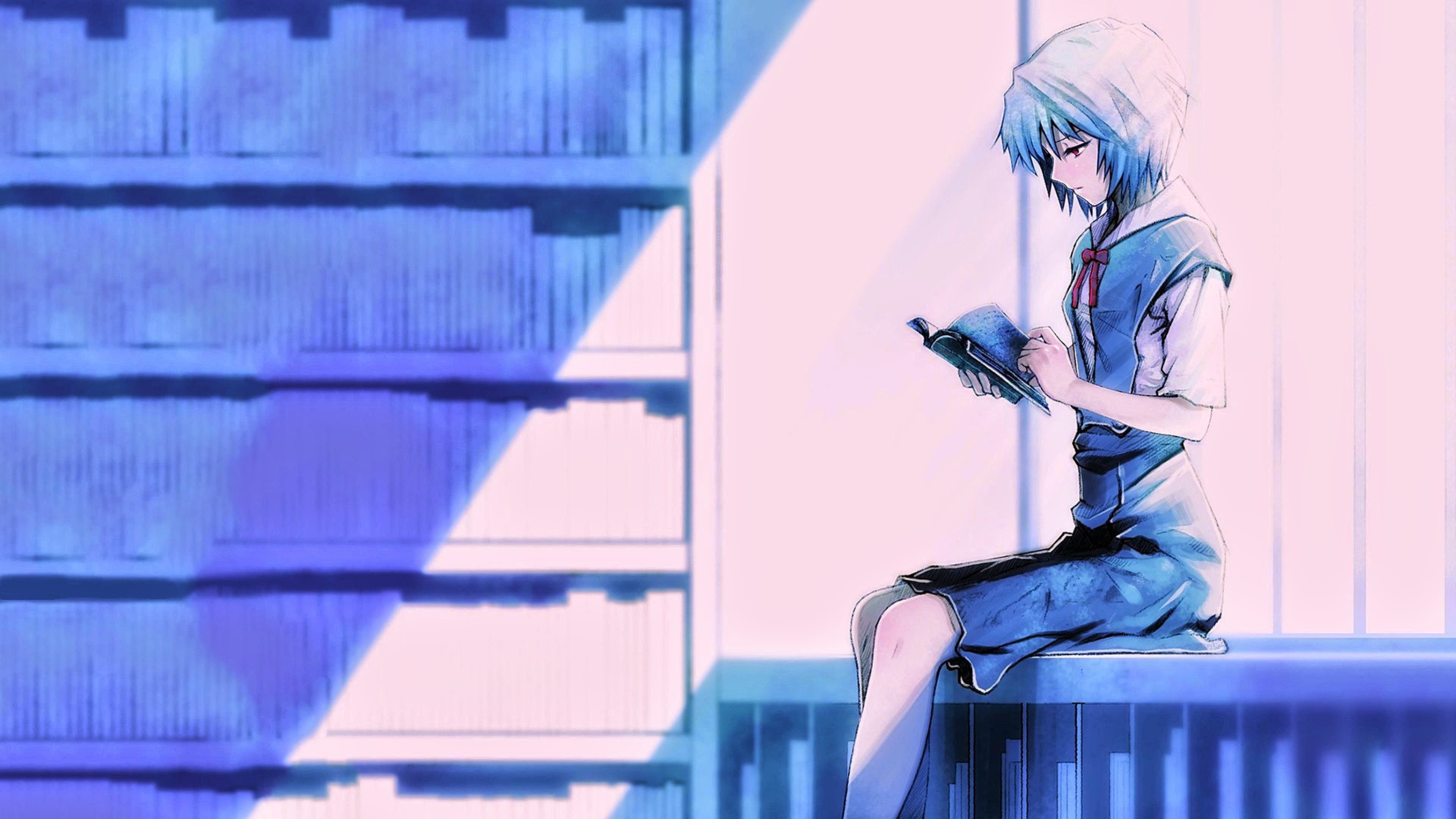4K, side view, profile view, adult, communication, genesis, neon, illustration, holding, anime girls, blue hair, occupation, technology, anime, young adult, HD Wallpaper