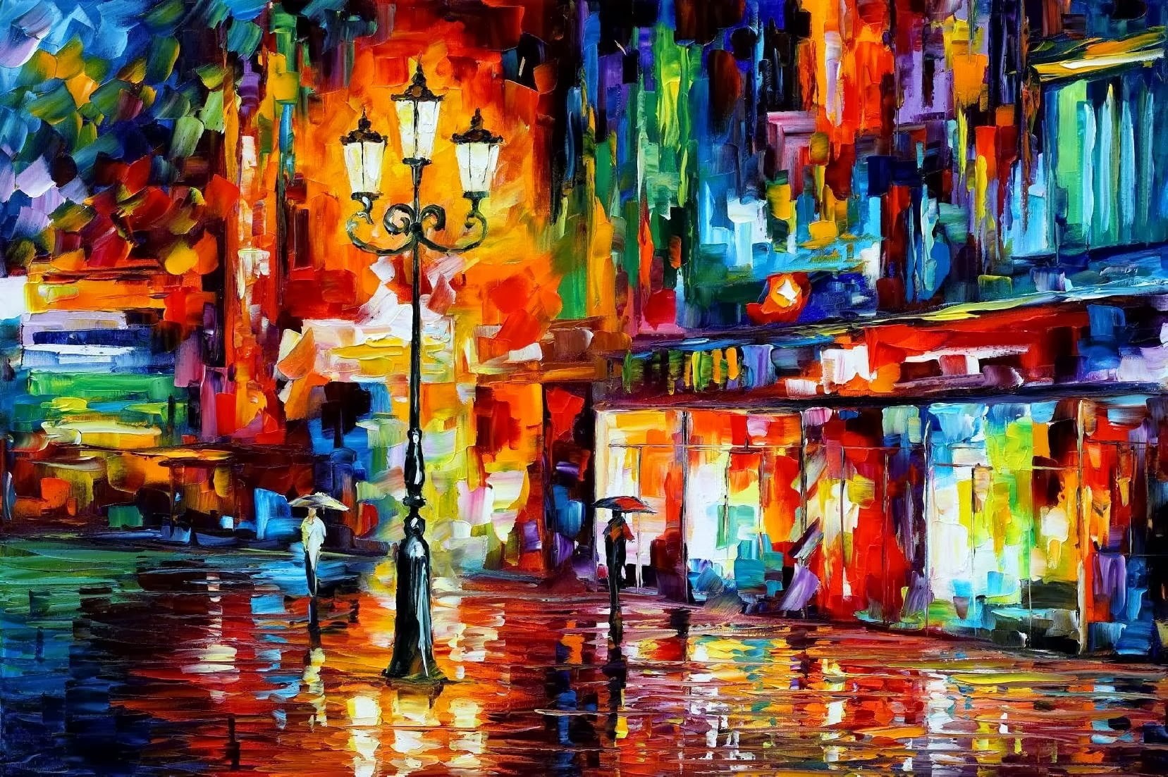 backgrounds, indoors, waterfront, 720P, city, artwork, art and craft, painting, Leonid Afremov, variation, street light, architecture, full frame, abstract, HD Wallpaper